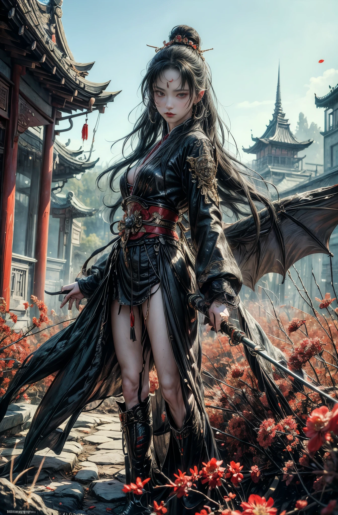 Ruined City, A beautiful demon woman stands, Looks like Vicki Zhao, pose, Fighting Pose, The superhuman strength of a demon, The strong demon, Unrivaled strength, The demon queen with unparalleled supernatural powers, A beautiful demon woman, Sharp eyes with slit length, Beautiful and delicate eyes, Beautiful black hair, Oiran, geisha, A profusion of flowers, Beautiful flowers blooming behind, Five-fingered hands, by ヤン・J, Beautiful digital art, Highly detailed digital art in 4K, Dark fantasy art, Epic fantasy art style HD, Beautiful fantasy art, Digital fantasy art ), 8Kのwonderfulアートワーク, Epic fantasy digital art style, 2. 5d cgi anime fantasy artwork, Inspired by Chen Yifei, Works that influenced Francesco Hayes, Inspired by Hendrik Terbruggen, Jean=Works that influenced Auguste Dominique Ingres, Inspired by Liu Jun, Jean=Works that influenced Auguste Dominique Ingres, highest quality, The perfect angle, Perfect composition, Best Shot, Official Art, Cinematic Light, Figurative art, Beautiful and expressive paintings, Beautiful artwork illustration, wonderful, Cool Beauty, clear, Mysterious, highest quality, Official Art, Perfect composition,The perfect angle, Best Shot, women only, Sharp contours, pretty much beautiful face, Five-fingered hand, demon of kyoto, A cold and ruthless devil woman, Lord of the Demons, The Queen of Asura who rules over the Hundred Demons, Full Body Tattoo, wide, Rashomon, Close-up, from the front