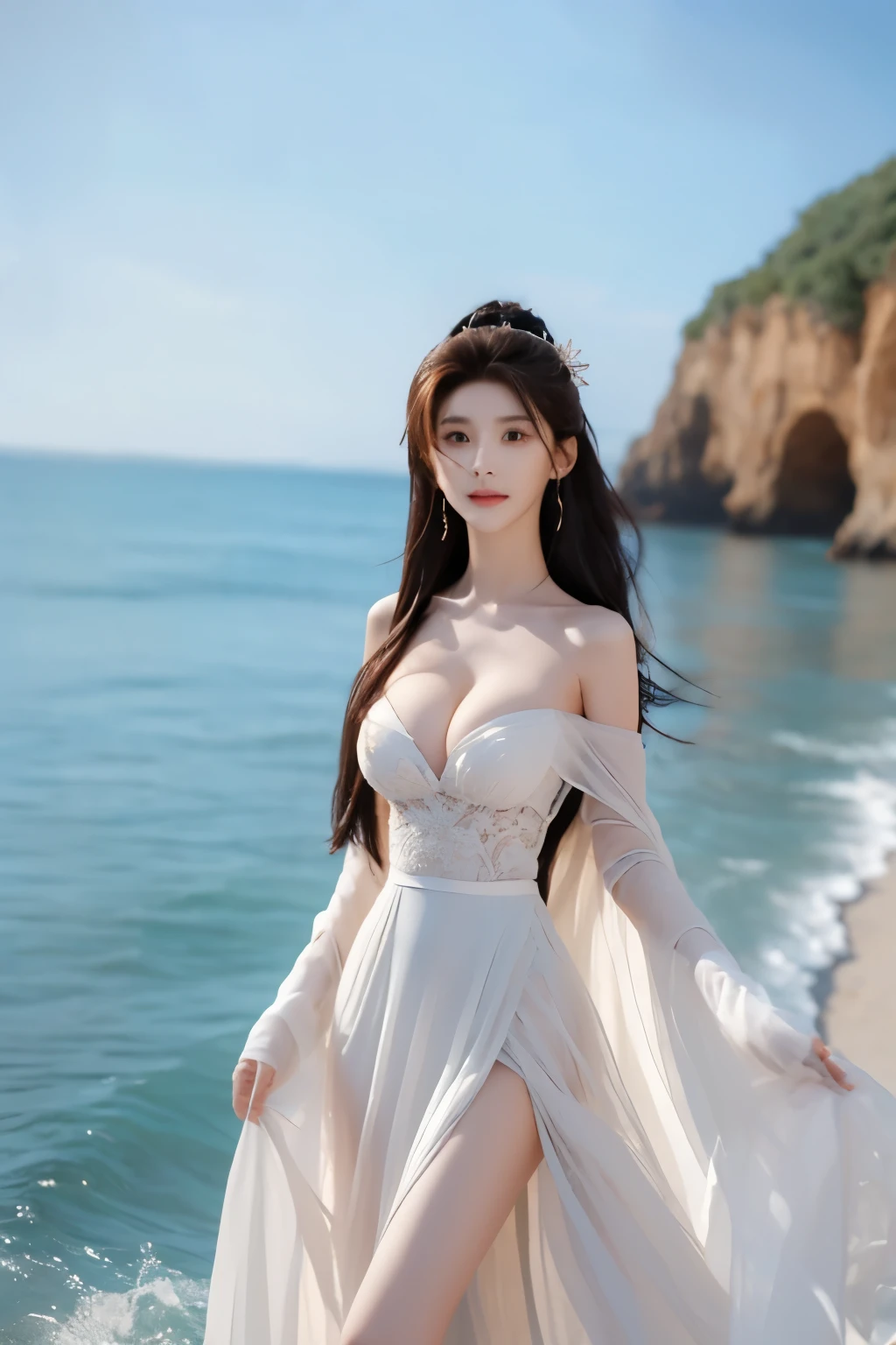 Beautiful woman with perfect body:1.4,Layered Hairstyle,Prominent cleavage,Highly detailed face and skin textures,Double eyelids,Skin Whitening,Long hair,Whitened long legs,(evening dress)Standing by the sea