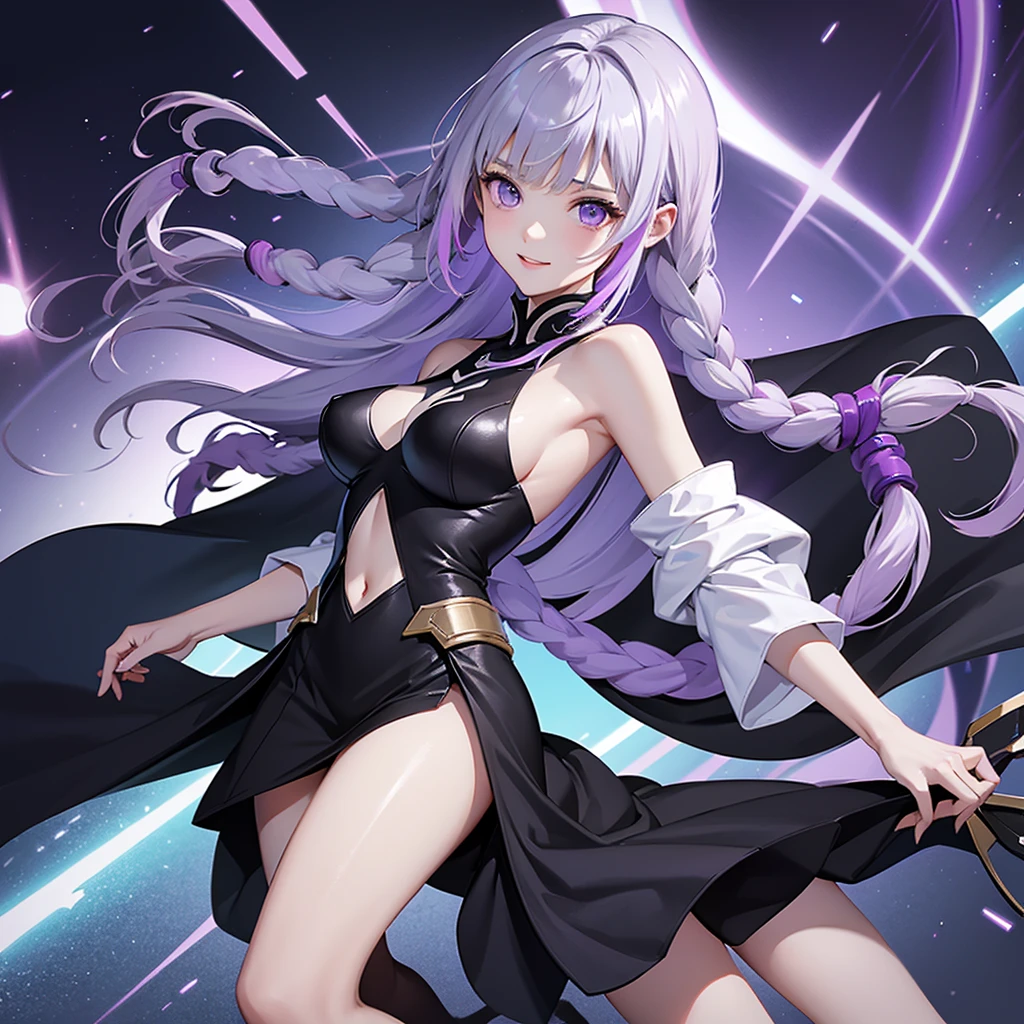 1ztsww1、Movie Posters、Inji、highest quality、Masterpiece、Official Art、16K、Super detailedな目、Super detailed、The best composition、Award-winning works、cyber punk、1 girl、solo、Purple Eyes、Long Hair、Twin braids、The top of the head is milky white, and the hair goes down to purple gradation.、Multicolored Hair、Elbow Handbags、bangs、にLong Hair、Bare shoulders、Black Skirt、Gray Hair、dress、smile、Side cut-outs、Covered navel、Cut out the side、Vehicles of the Future、The speed of the vehicle、Purple light afterimage after running、A happy couple is holding hands and gazing at each other