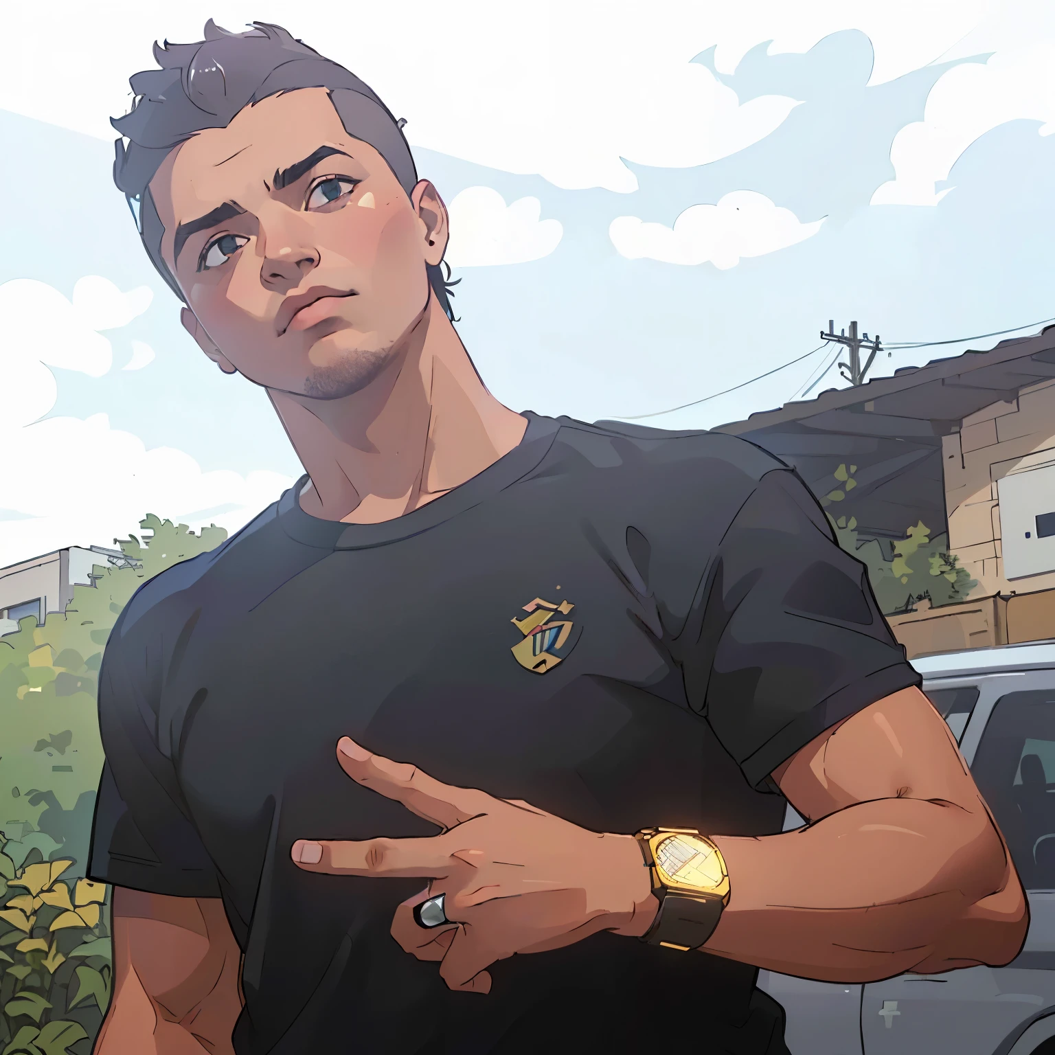 there is a man in military clothes, com um fuzil na bandoleira, standing in front of a car with his hand raised, caio santos, Ronaldo Nazario fenomeno, carmelo blandino, Ronaldo Nazario, david rios ferreira, icaro carvalho, edu souza, dan dos santos, ronaldo luis nazario de lima, por Emerson Silva, por Willian Murai, ronaldo luis nazario da lima