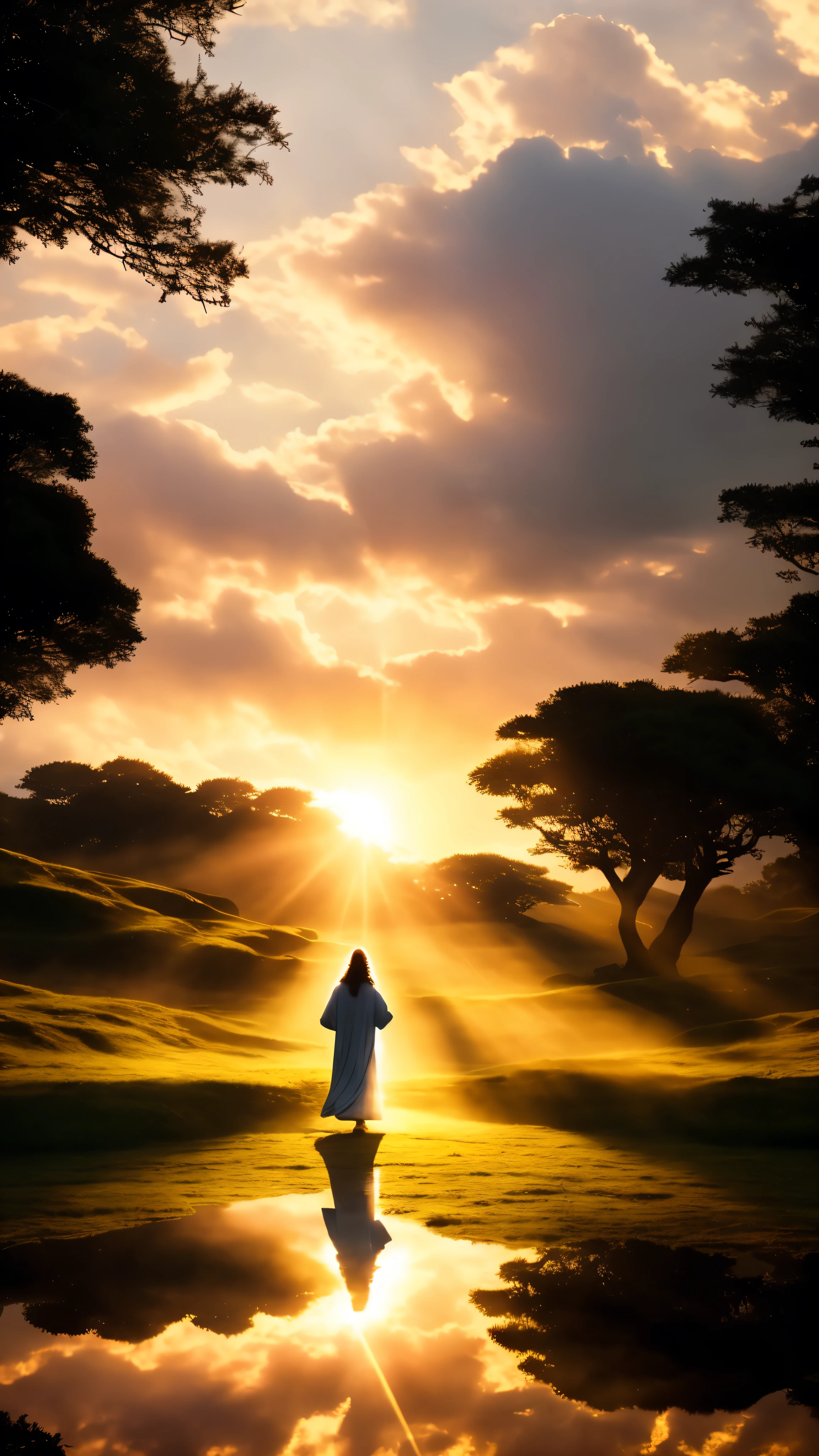 In this high-definition masterpiece, a breathtaking cinematic shot captures a pivotal moment - the long-awaited arrival of Jesus Christ. The scene is bathed in the warm, ethereal glow of a sunset, with muted colors that hint at the otherworldly nature of the event.
The silhouette of Jesus Christ, radiant and majestic, emerges from the horizon, his Sapphire eyes shining with divine wisdom. Dressed in white, he wanders towards a tranquil village where villagers, with faces full of awe and reverence, bow their heads in worship.
The image is hyper-detailed, capturing every facet