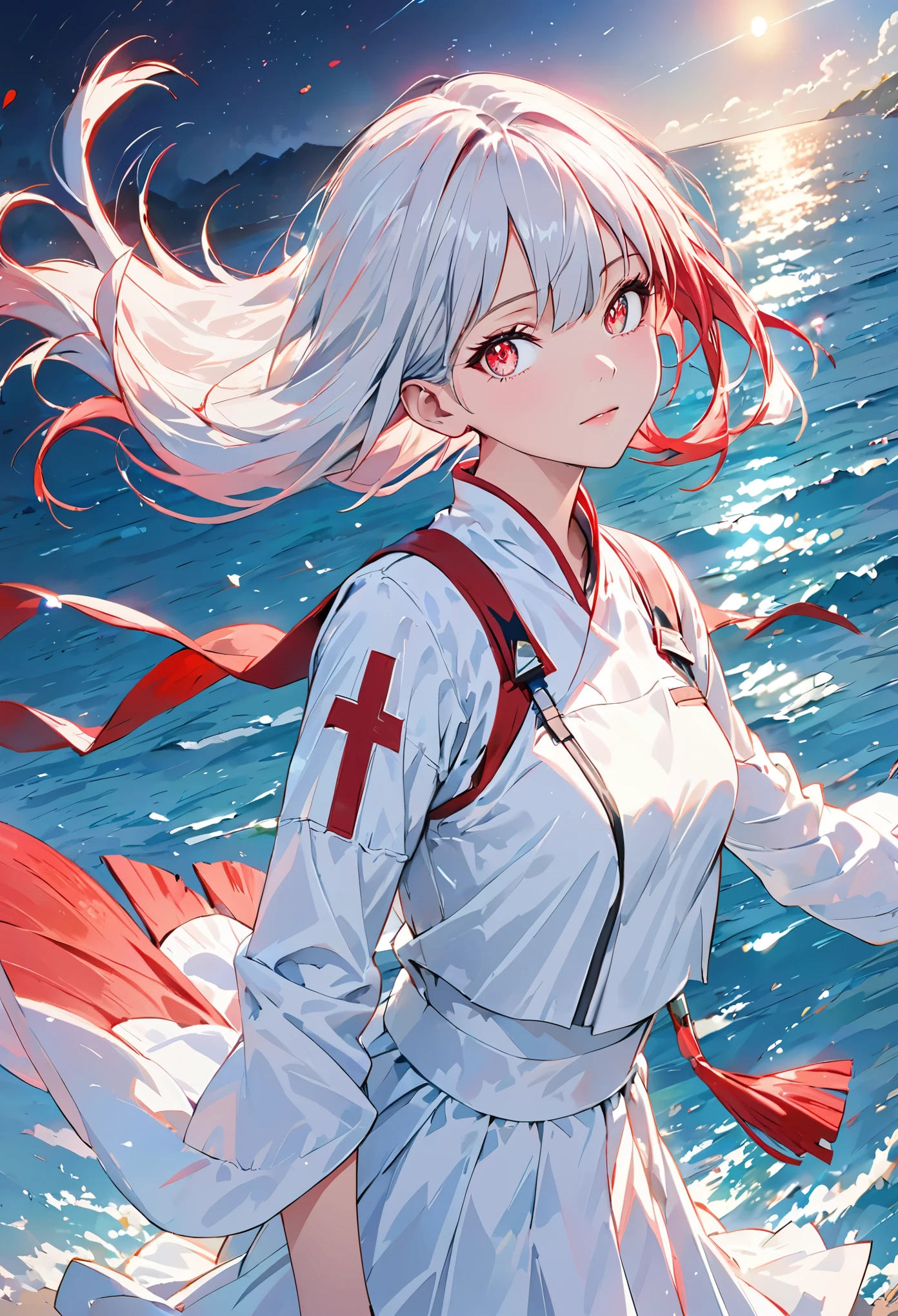 clean coloring,impasto,by misaka12003,by modare,(by houk1se1),1girl,solo,((amazing quality)),Zero Two(DARLING in the FRANXX),(white pantyhose),blood,luminous eyes,upper body,from below,look at viewer BREAK (beautiful color,detailed,best quality,amazing quality,very aesthetic:1.2),cowboy shot,sea,stars,wind,vison,night,(ray tracing),depth of field,lighting and shadow,(perspective),lighting particles,colorful,