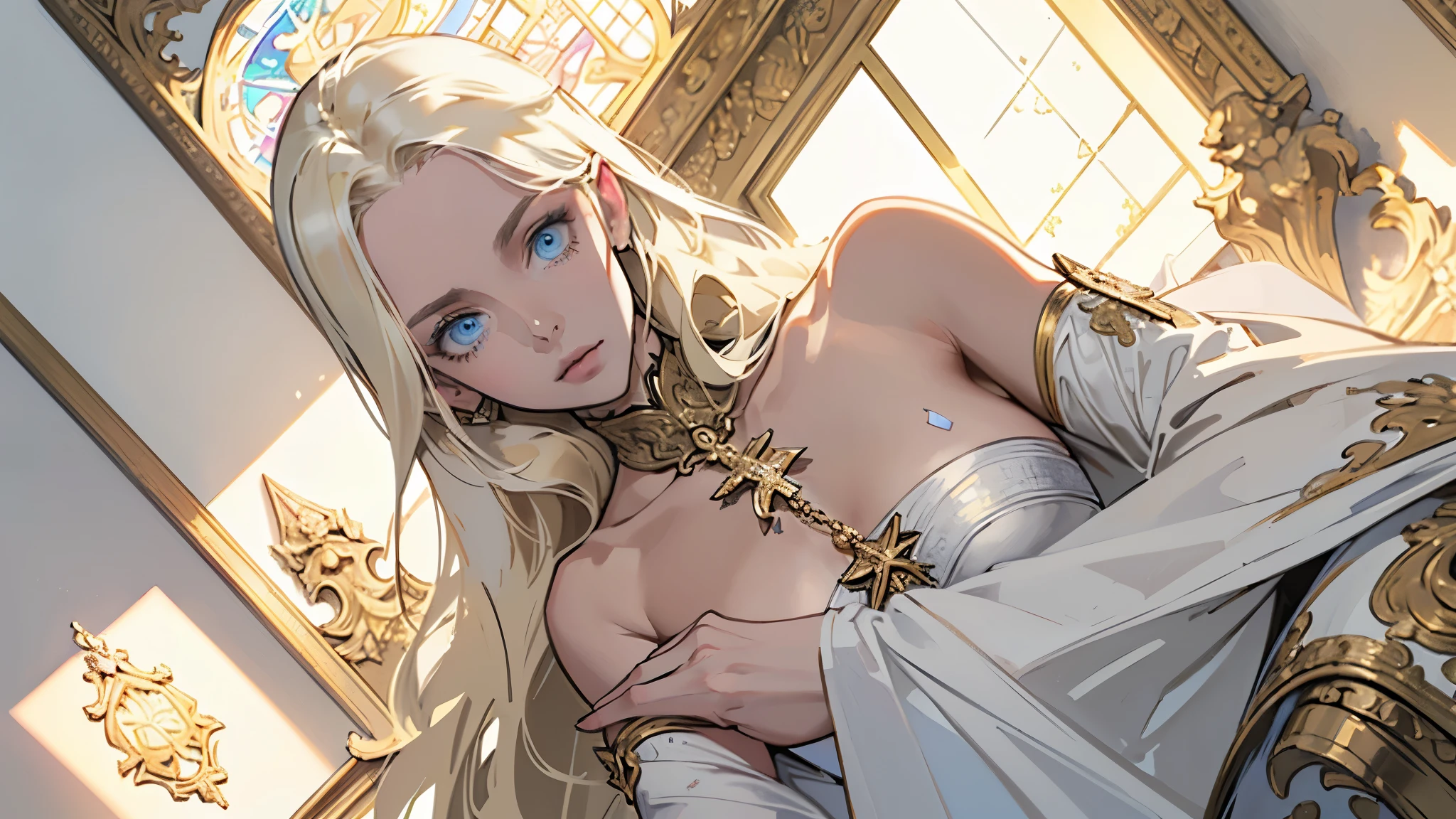 (A luxurious white vestment with intricately detailed gold embroidery)Incorruptible and white,Pure and pitiful, offer a prayer, rosary, Stained glass praising, Beautiful woman, extremely long hair, blonde hair, green eyes, 32, (masterpiece:1.3), (best quality:1.3), high-resolution, watercolor pencil, Head-on angle, upper body, Body facing forward, (upright:1.3), (arms at sides:1.3), solo, blue eyes, beautiful detailed eyes, (white background:1.2), simple background, concept art, shadow lighting, beautiful detailed glow, best illuminate,(((best quality, textile shading, ultra detailed))),extremely detailed CG unity 8k wallpaper,Highly Detailed beautiful and aesthetic, best light, high resolution, detailed, dynamic lighting, 1Character, pastel washed out colors, cell shade, soft, muted shades, gentle colors,