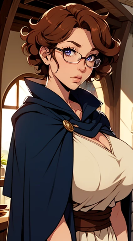 alone, woman, Sunburn, Curly Hair, (((short hair))), Light Mahogany Hair, lipstick, eyeliner, eyelash, thick eyelash, Big Breasts, linen tunic, (Navy Cape), Glasses, fantasy village, mature woman