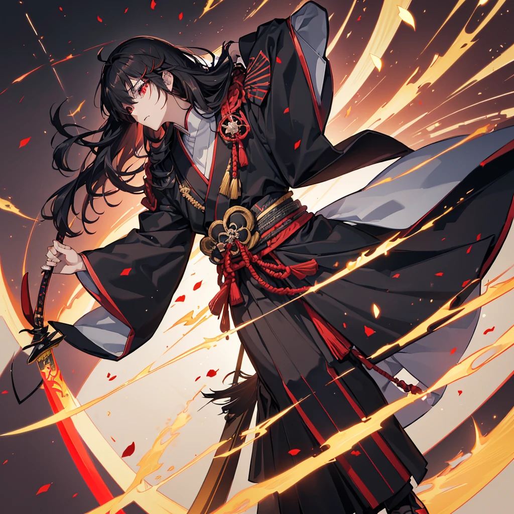 ((blackい髪　Long Hair　black　Military commander　one person　Lonely　Red Flag　Eye patch))　((night　Japanese style　old　Shining Aura))　(Dance　Flame Blade　Shining Japan sword　Draw your sword)　moon　star　Draw your sword　Slashing　Catch the wind　print　Tense face