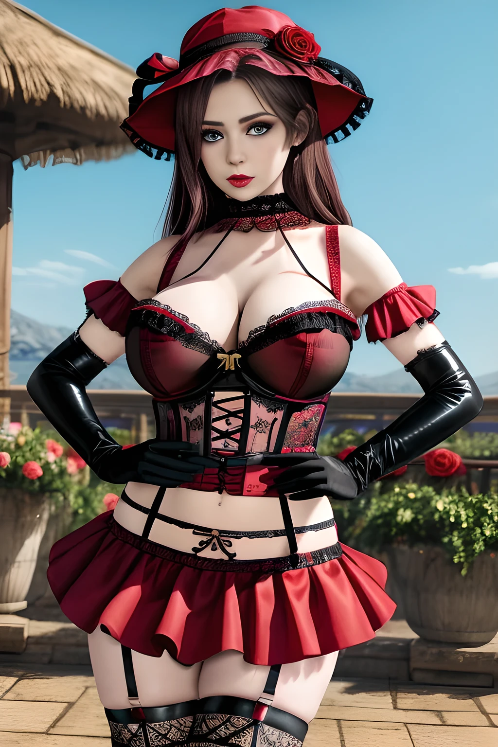 1 girl,BREAK (Royal:1.4), (red and black theme:1.5), ((red) bucket hat with rose corsage:1.4), (fusion of black high neck crop top and latex (red bustier):1.4), ((floral lace, see-through):1.3), ((sleeveless, bare shoulders):1.3), (red tiered skirt with black ruffles:1.4), ((ultra long gloves) with floral lace:1.3), (wrap a (cat garter) around thighs:1.4), outdoor,elegant,nighttime,moonlighe,shiny skin,( huge breasts), lip gloss,tattoos, masterpiece, best quality, realistic ,Surrealism,natural colors art in 8k,soft shadows,High-definition RAW color photos professional portrait photos,solo, elise,