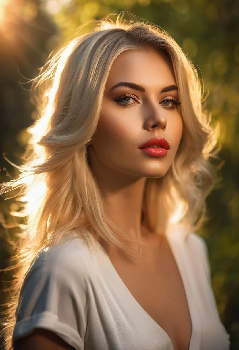 Close-up portrait, sexy ss blonde, parted lips, lips, Casual Dresses, View your viewers, Forest Background, Sunset Light, Realistic