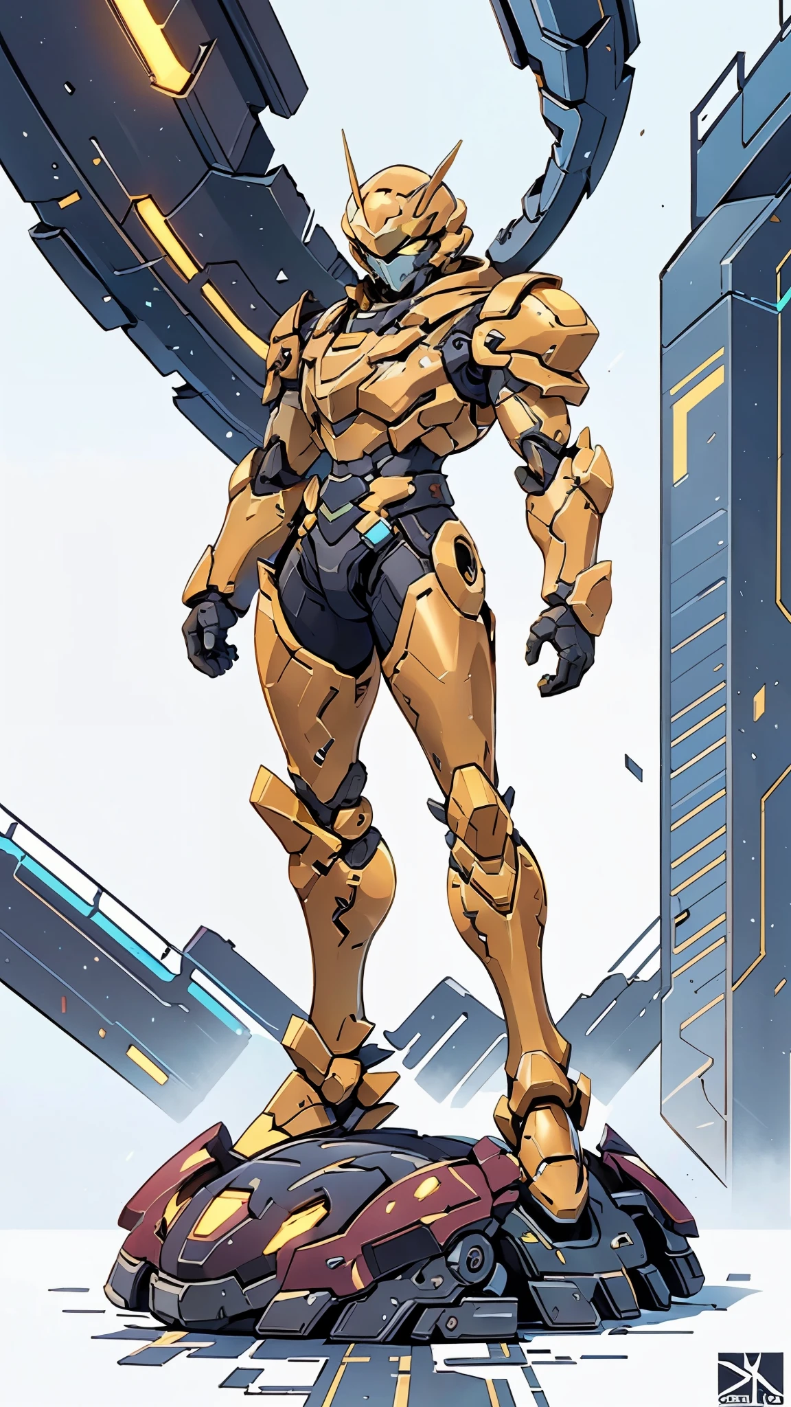 A man wearing a full-face helmet, a fantasy-style biotech armored combat suit, green eyes, (a composite layered chest armor), fully enclosed shoulder guards, matching arm and leg guards, the belt is adorned with cross, (the color scheme is primarily white with golden and blue accents), the design balances heavy with agility, a high-tech bio-mecha armor, (Armor Concept Inspired by Paladin, stand on the top of a skyscraper in a futuristic sci-fi city), this character embodies a finely crafted fantasy-surreal style armored hero in anime style, exquisite and mature manga art style, (battle damage, element, plasma, energy, the armor glows), ((male:1.5)), metallic, real texture material, dramatic, high definition, best quality, highres, ultra-detailed, ultra-fine painting, extremely delicate, professional, perfect body proportions, golden ratio, anatomically correct, symmetrical face, extremely detailed eyes and face, high quality eyes, creativity, RAW p