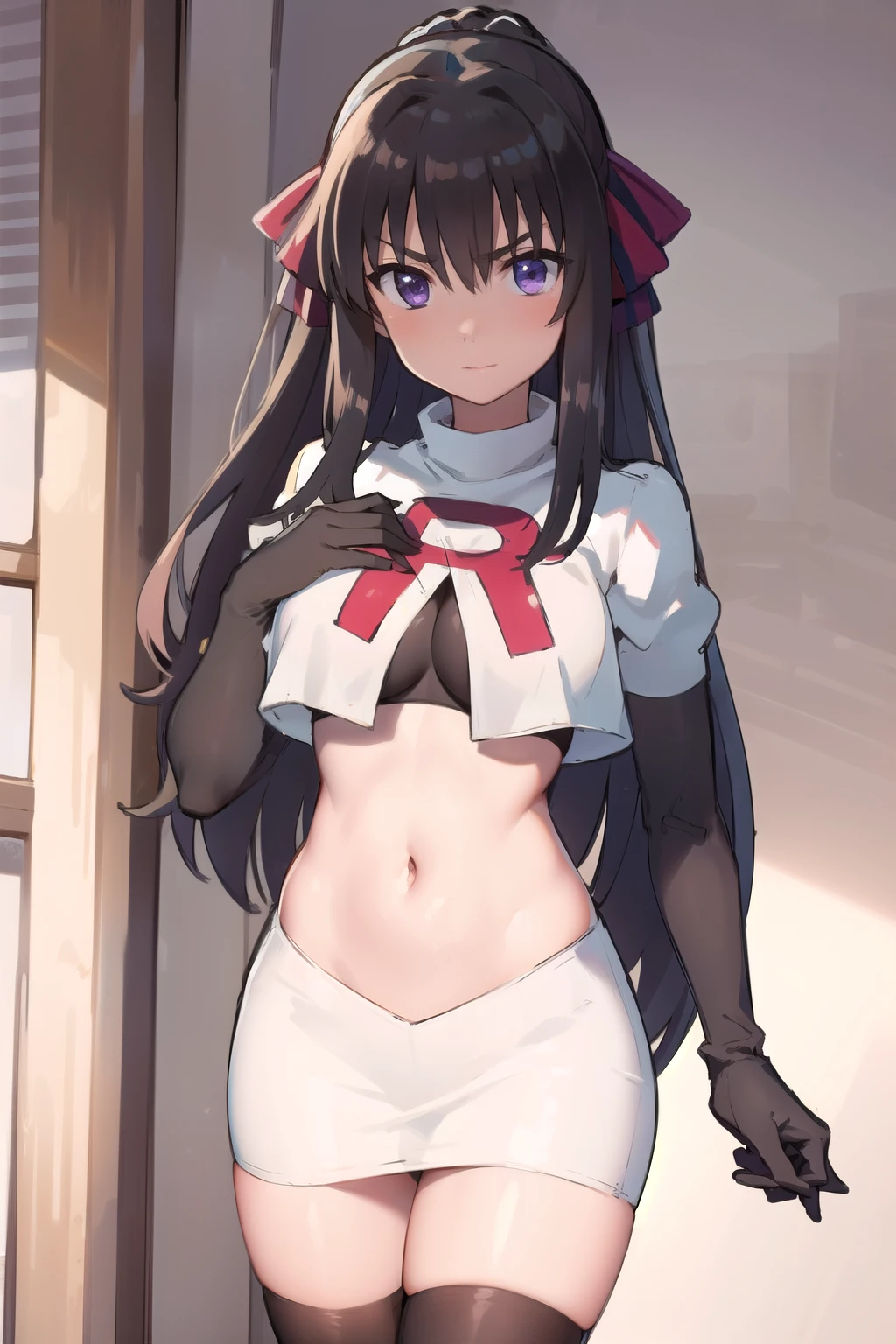 indoor, arena,
rinne_bj, 1girl, long hair, looking at viewer, breasts, purple eyes, ahoge, v-shaped eyebrows, medium breasts, ribbon, hair ribbon, very long hair, ponytail, bangs, hair between eye, team rocket,team rocket uniform,white skirt,red letter R,crop top,black thigh-highs,black elbow gloves