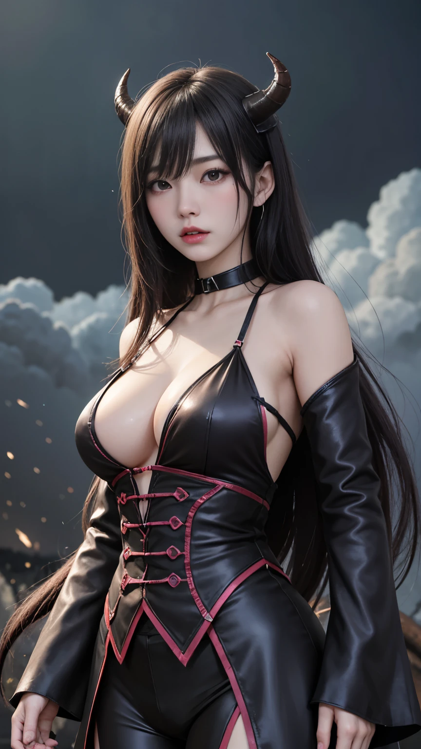 background(Black Night Sky,Big Moon),Woman close up,Wearing a white shirt、Purple Hair,Very long hair,very thick braids,Purple eyes,big 、realistic girl rendering, 8k artistic german bokeh, Enchanting girl, Realistic girl, Gurwitz, Gurwitz-style artwork, Girl Roleplay, Realistic 3D style, cgstation Popular Topics,, 8K Portrait Rendering,(truth,truth:1.4),Wear pink pajamas,巨big ,Sparkling eyes,Purple eyes、(highest quality,4K,8k,High resolution,masterpiece:1.2),Very detailed,(Realistic,photoRealistic,photo-Realistic:1.37),Mythical monster,Beast-like creature,Muscular,Six big legs,Stand like a gorilla,Red fur covering the body,two big horns,Drill teeth,Sharp Claws,Huge shape,Burning Fire Magic,Energy aura,A threatening presence,Glowing Eyes,Intimidating posture,dark環境,Smoke-filled air,Ominous Shadow,Majestic and fierce,Explosive power,Vibrant colors,bold,Horror art style,Moving configuration,Dramatic lighting,Rib Layer,large sharp teeth,Sharp Edges,Very detailedスケール,Burning Crack,Burning Flames,Furious look,Burning with anger,Surrounded by sparks and embers), Scared, dark, spooky, Underwater mist liquid swirling cavity, highest quality, Front view, Satanic, 18 year old asian girl、Liu Wen, Shaved eyebrows, With big black ram horn, , A large snake with slimy tentacles wrapped around its shoulders. ムーディーでDramatic lighting, Lang Yun, storm, lightning, Smoke and Fog Environment, Fuzzy smoke background, Wide-angle shot, Wide-angle shot, elevation, Extreme angle shot, Vignette, 非Realisticな悪夢,