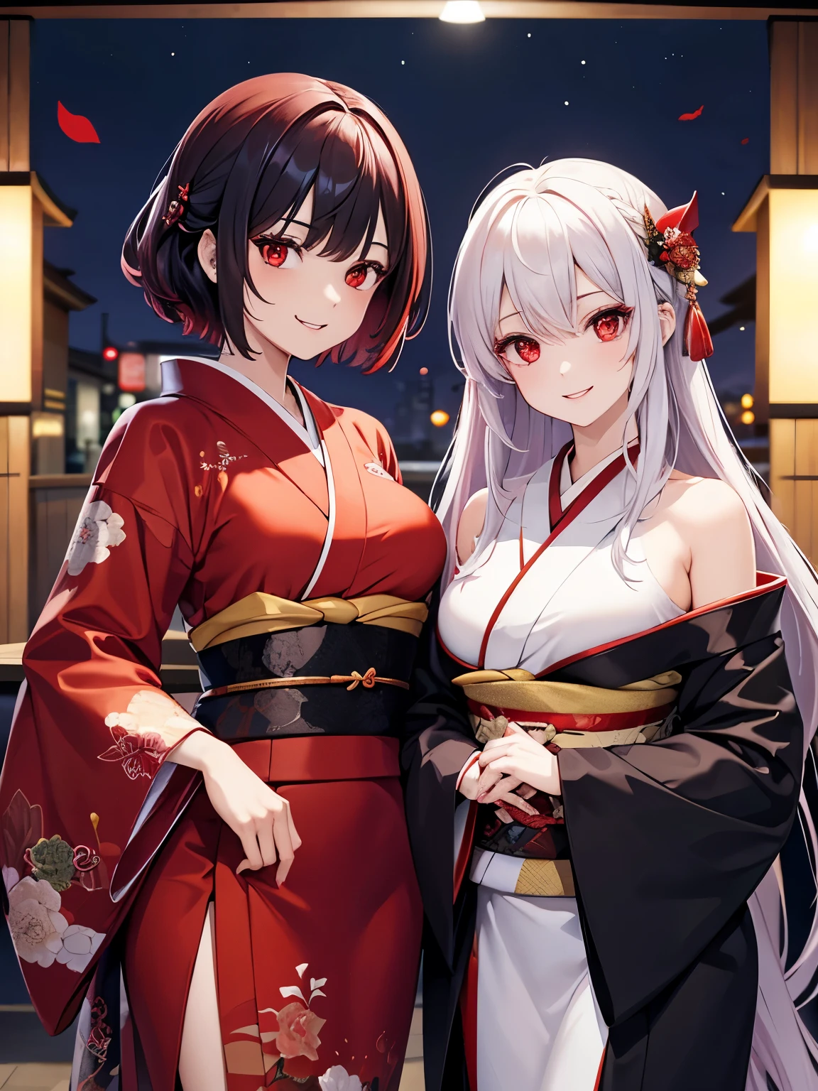 2 woman, vampire, red eyes, different hairstyle, different hair color, red eyes, wearing a kimono, different colored kimono, smile, standing, night, ultra detail, ultra HD, masterpiece
