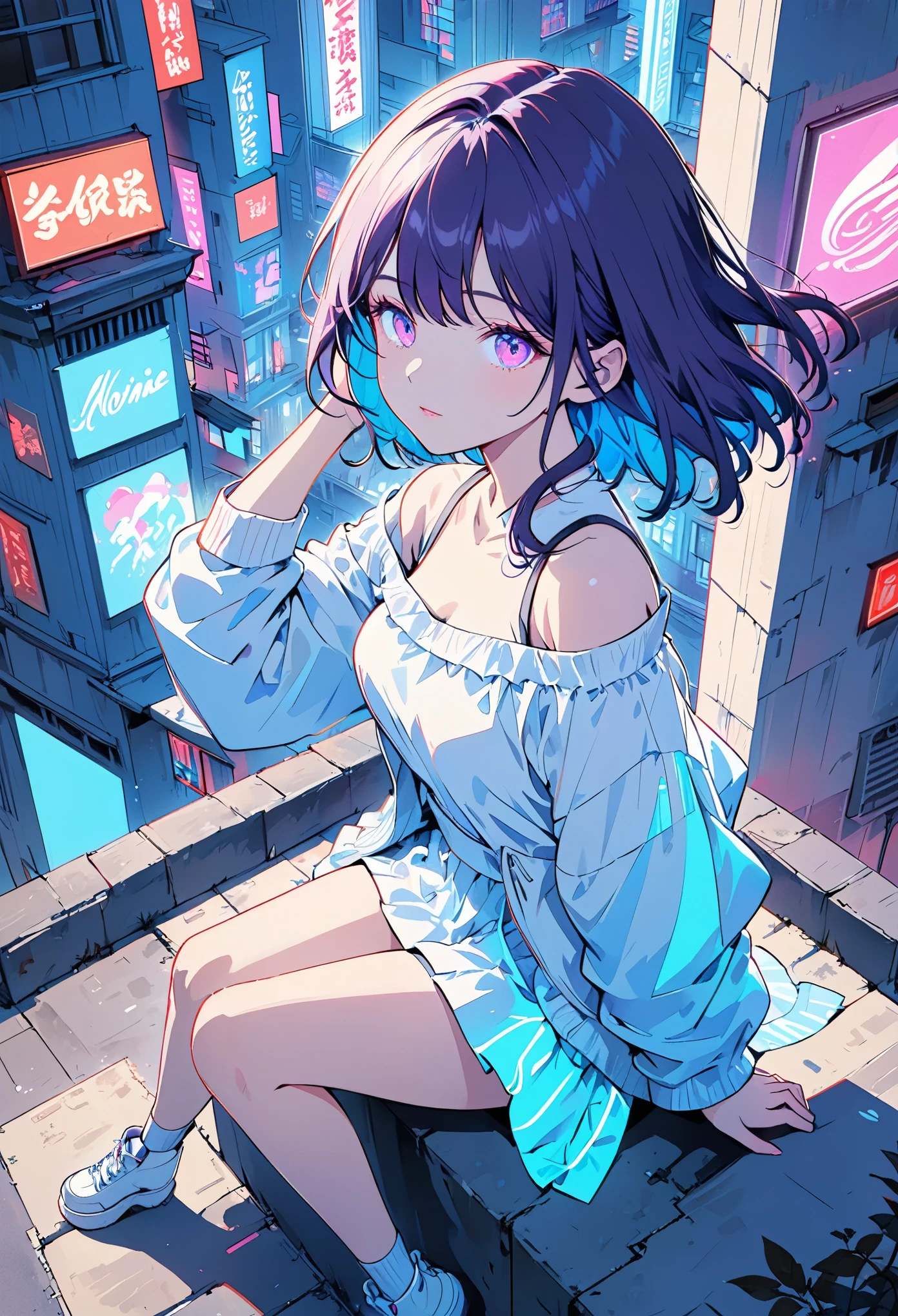 masterpiece,best quality,1 synth wave style girl,blue outline,streets with neon lights,blue fluorescent coatings,solo,from above,cowboy shot,sitting on the top of the building,extremely detailed CG,flat color,limited palette,noline art,silhouette,partially colored,alternate color,dynamic angle,blue long upper shan,dark violet shadow,synth wave,chromatic aberration,(solo focus),perfect shadow,wearing an off- shoulder floating jacket,delicate face,bare shoulder,beautiful and delicate eyes,delicate background,blue neon light,