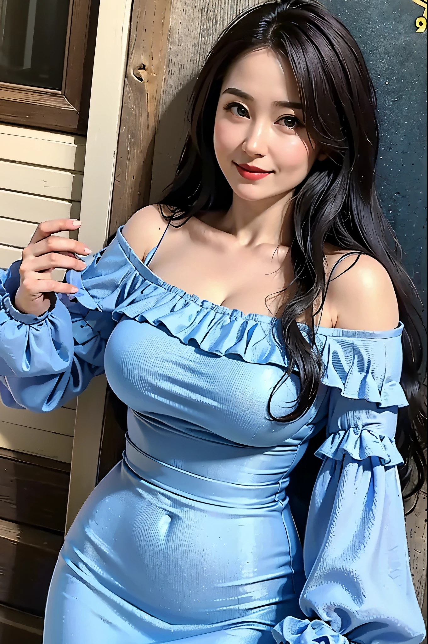 high shot, face, looking at viewer, 1girl in garden, dark hair, long wavy hair, curtain bangs, closed-lip smile, masterpiece, face, off shoulder light blue dress, milf_saga, milf_saga_face, mature female, pencil cut dress, big breasts, detailed cleavage