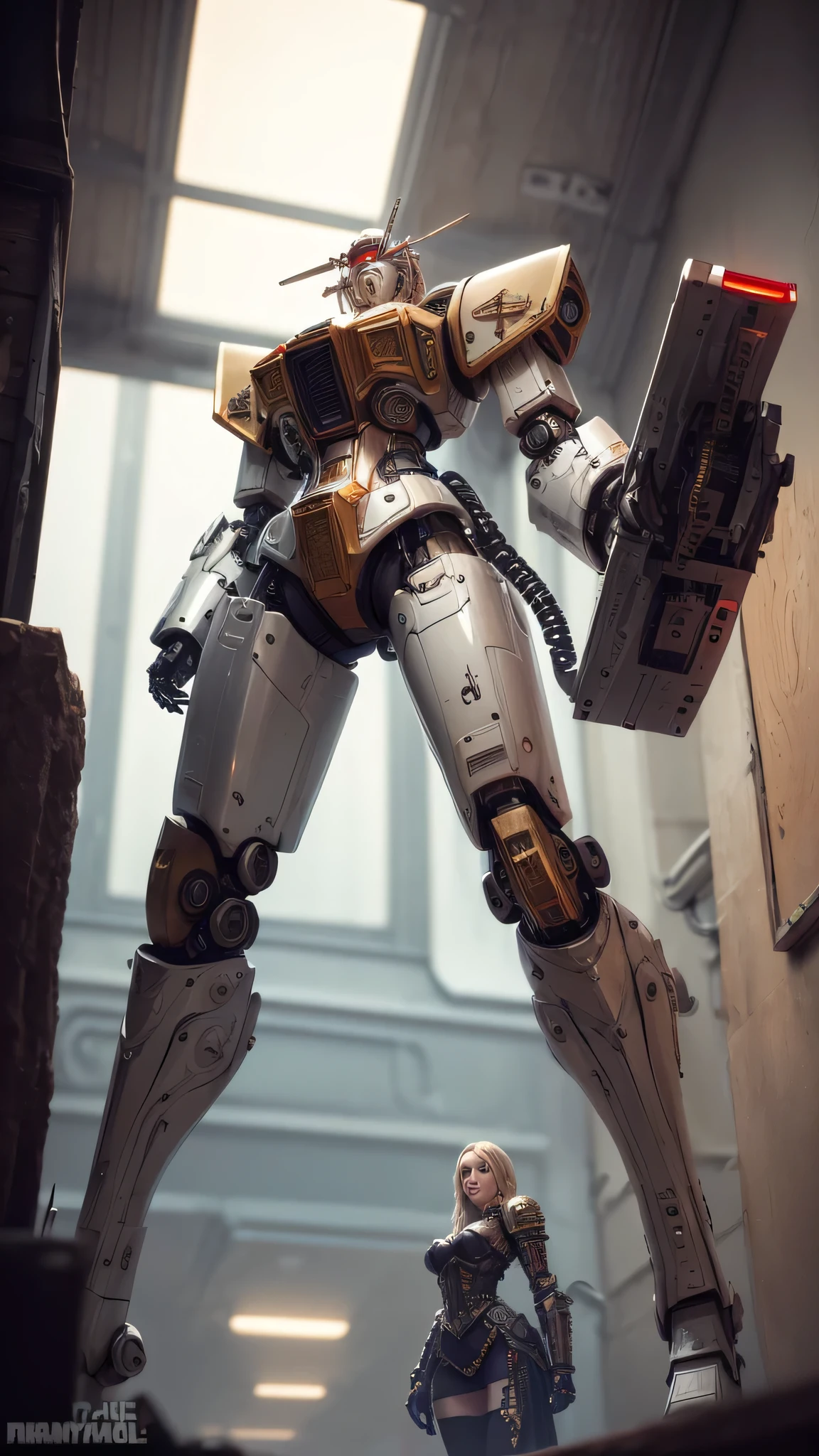 ((best quality: 1.5, masterpiece)), intricate details, soft focus, professional, real life, realistic representation of the face, dim volumetric lighting, dynamic pose, in the style of realistic and hyper detailed renderings BREAK (((2 characters, one cyberpunk steampunk girl, clockwork armor, perfectchainmail (ivory chrome armor:1.4, background red white mecha, mechanical robot, weapons, Warhammer Dreadnaught, from below, (steampunk))))), film grain, bokeh, black background, dark empty room, photorealistic, hyper-realistic, 8K