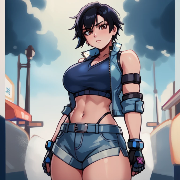 Masterpiece,8k, perfect face highly detailed,HDR, ultra realistic photoshoot, absurdres,award winning photo, extremely detailed, amazing, fine detail, 
KazAsuka, Japanese woman, blue crop top, big breasts, denim jacket and minishorts, short black hair, MMA gloves, posing for a picture, in the streets of Osaka
 