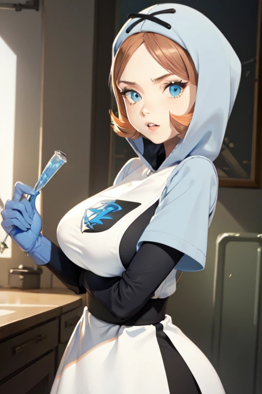 masterpiece, best quality,  pkmntpg, hood, white dress, blue gloves, huge breasts, standing, upper body, looking at viewer, parted lips, indoors, science fiction