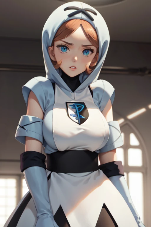 masterpiece, best quality,  pkmntpg, hood, white dress, blue gloves, huge breasts, standing, upper body, looking at viewer, parted lips, indoors, science fiction