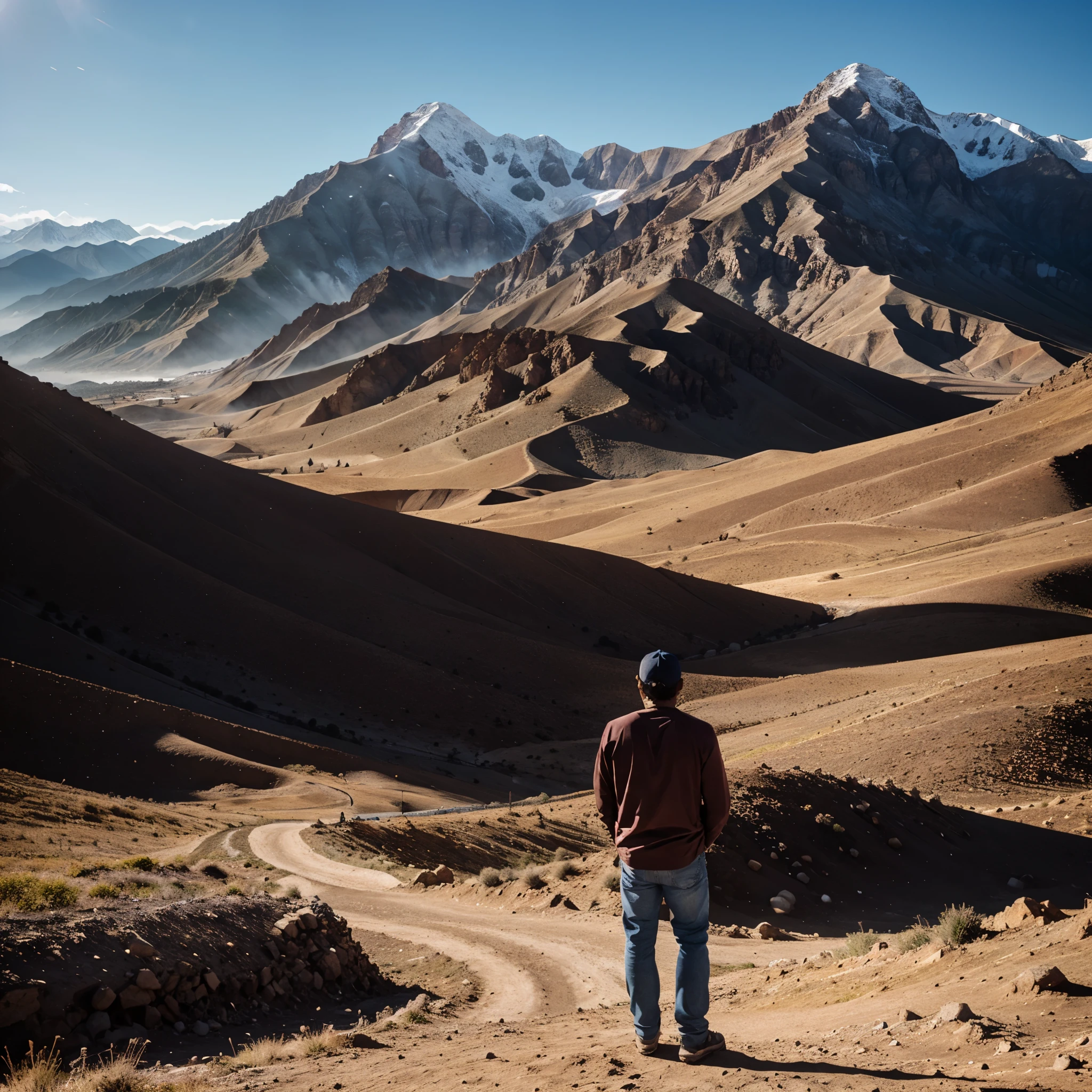 A men stand in front of two blured mountains and seeing the mountains