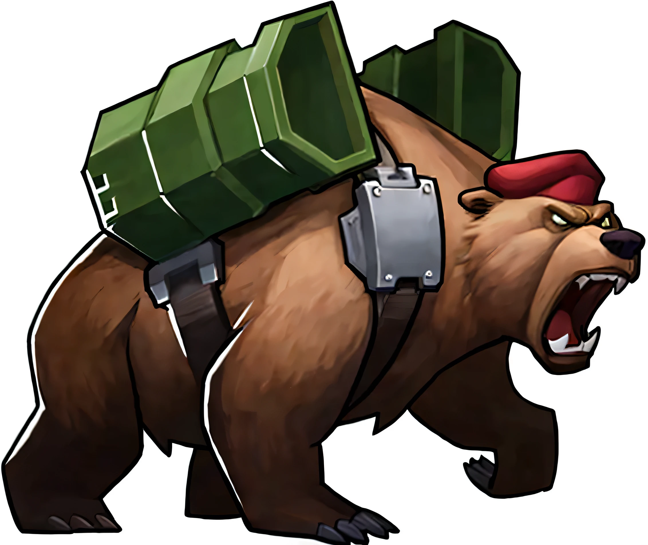 A brown bear，anger，Cartoon Style，A rocket launcher with green metal on its back，Red beret，Rich details，High degree of completion