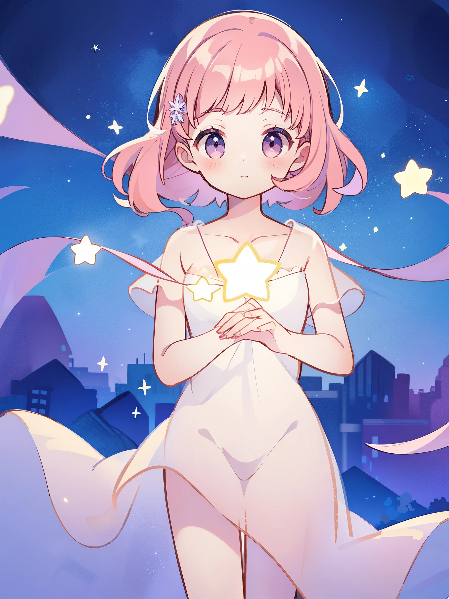 complex background, wishing star background, a woman wearing an ethereal mystical pink translucent dress that reflects the stars, perfume promo art, mystic, complex drawing, highly detailed, Covergirl brand, promo art, artistic rendition, ethereal, starry night, midjourney style