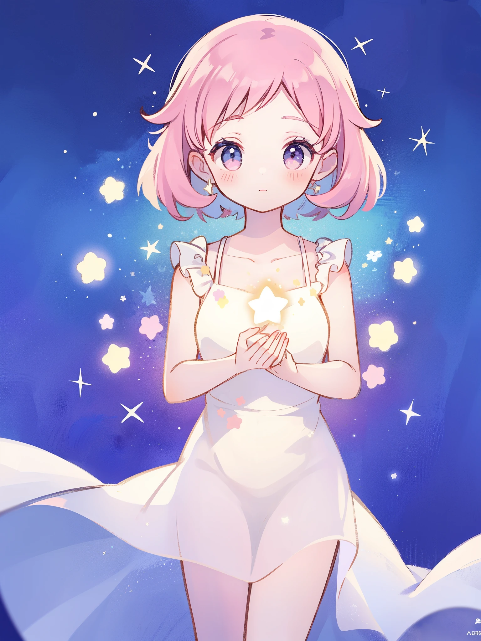 complex background, wishing star background, a woman wearing an ethereal mystical pink translucent dress that reflects the stars, perfume promo art, mystic, complex drawing, highly detailed, Covergirl brand, promo art, artistic rendition, ethereal, starry night, midjourney style