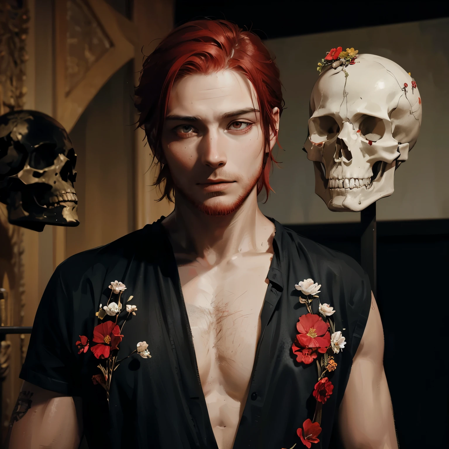 a man with red hair and red eyes. His face closer to the skull is parasitized by flowers on his right hand while his left hand holds a surgical knife.