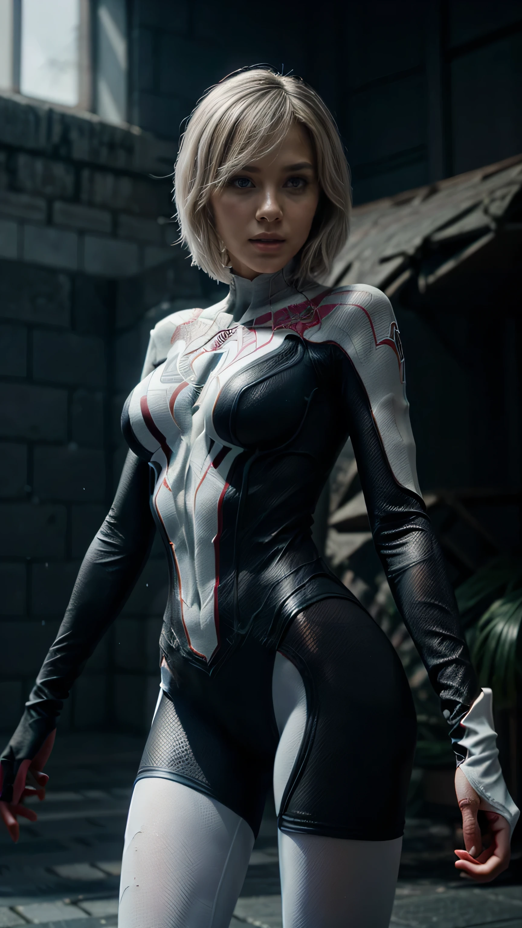 Spider Gwen wearing a black suit with a spider in the center of her chest in white., organic looking suit, frente pegajosa, simbionte, ojos blancos, arte fino, ps5 cinematic screenshot,very detailed cinematic rendering, raytricing ultra fotorrealista, with cinematic lighting