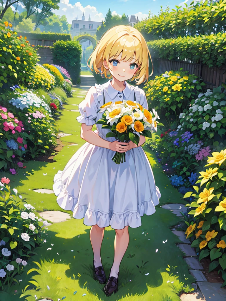 Cute girl at the garden smilling while holding flowers, cute girl, anime, short hair, short girl