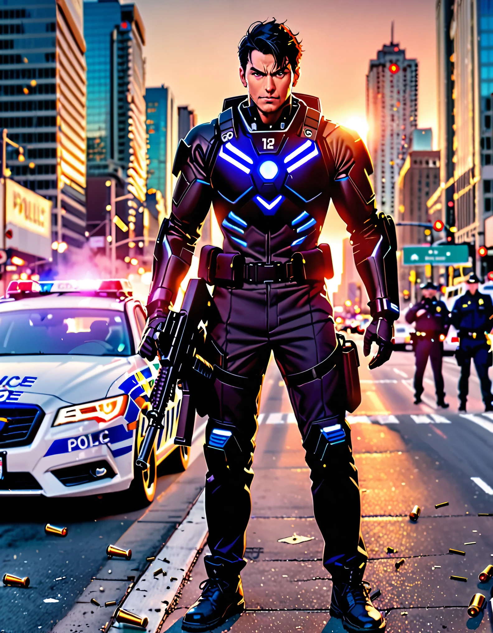 ((masterpiece, best quality, hires)), 1boy, male focus, solo focus, mature adult, age 30, canadian police officer, cyborg, muscular, (jet black cybernetic battle suit, (glowing blue circle) on chest), (black hair, dark purple eyes), (in front of a police car riddled with bullets), toronto city street backdrop, cowboy shot, sunset, excited look, ready for battle, front view, ((using submachine gun, shell casings coming from gun)), full body with costume.