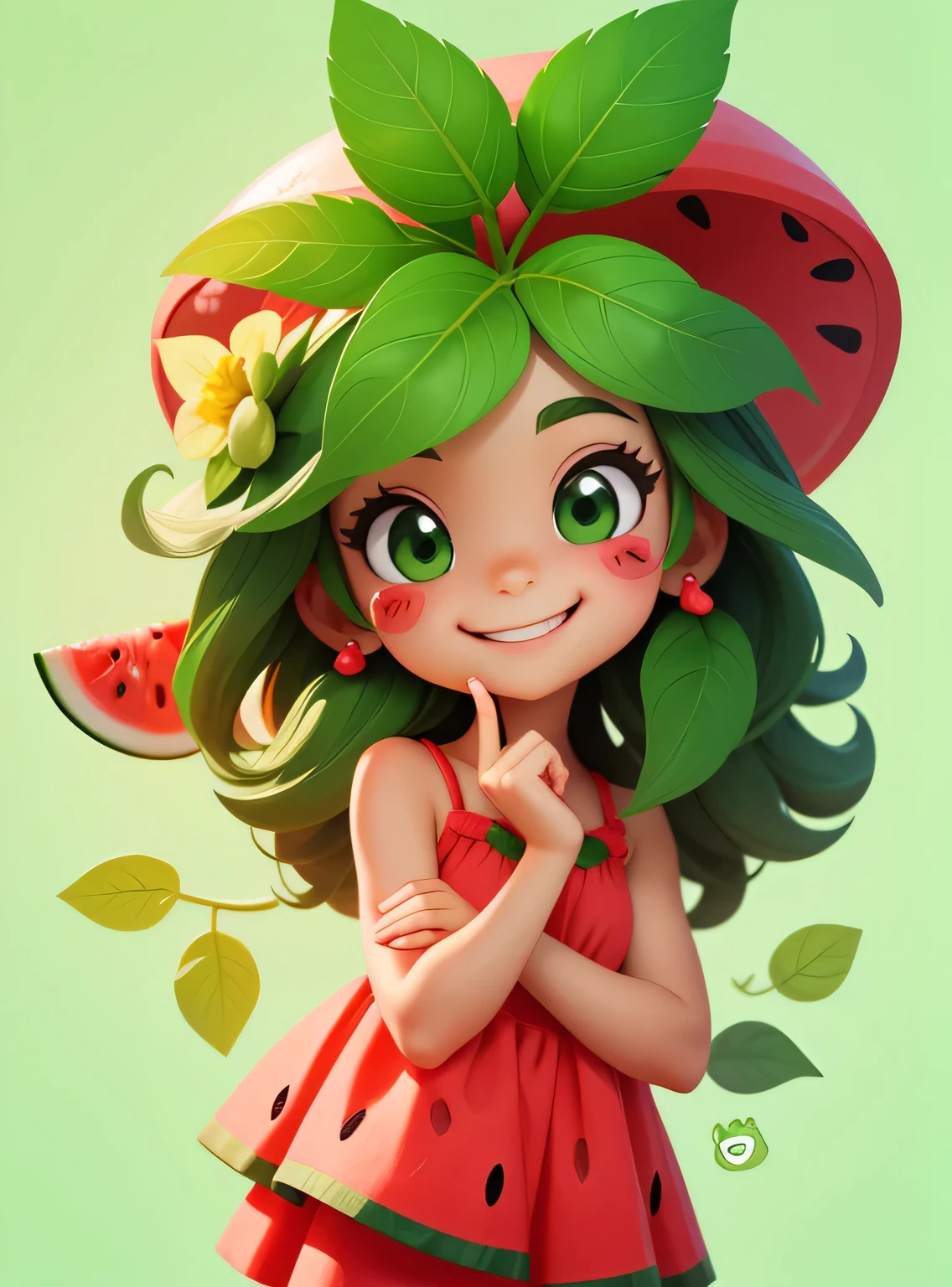 One with smiling watermelon with cute leaves and a friendly expression sticker :: Frutado e gentil :: Red and green colors with cute expressions :: Adesivo 2D