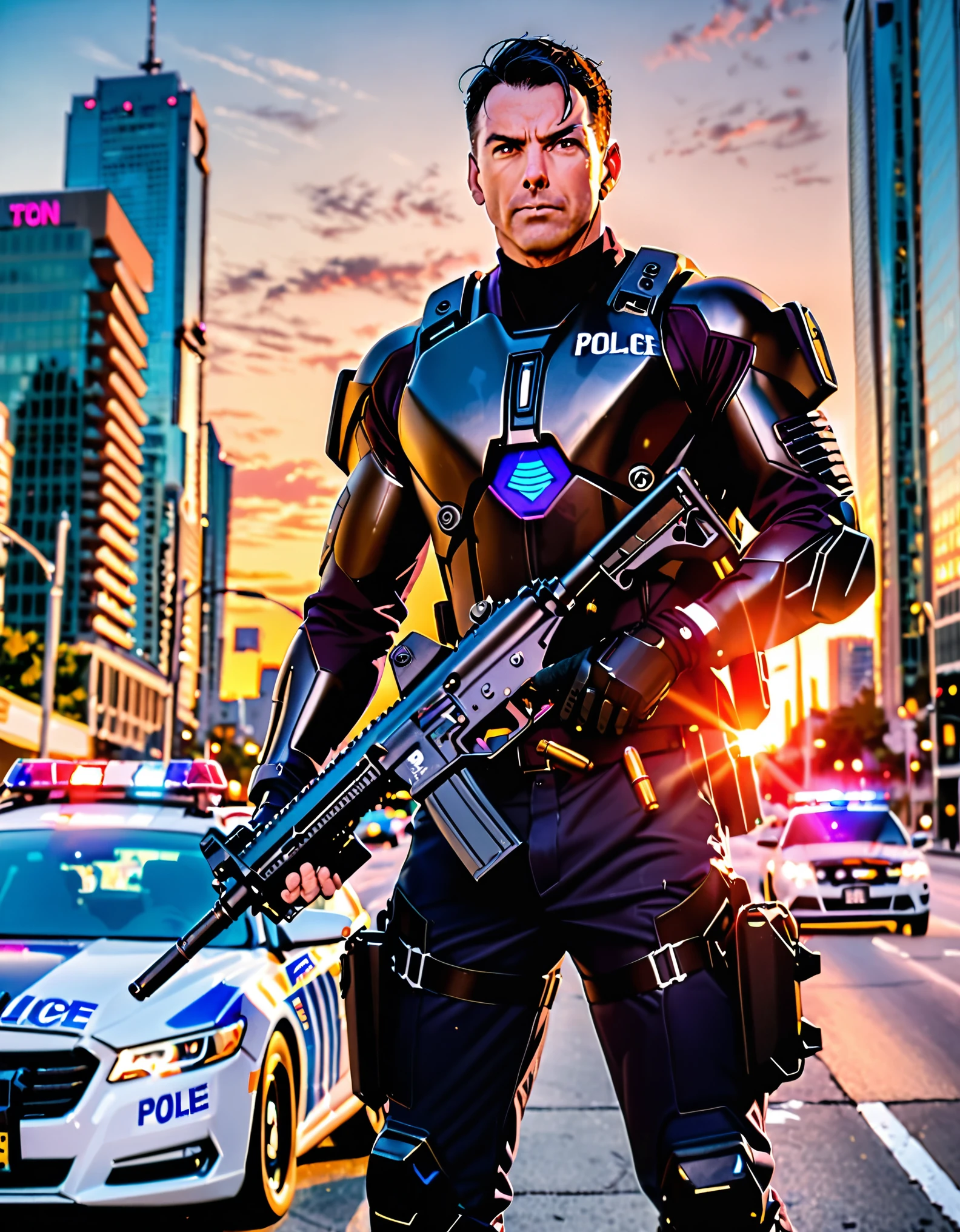 ((masterpiece, best quality, hires)), 1boy, male focus, solo focus, mature adult, age 30, canadian police officer, cyborg, muscular, (jet black cybernetic battle suit, (glowing blue circle) on chest), (black hair, dark purple eyes), (in front of a police car riddled with bullets), toronto city street backdrop, cowboy shot, sunset, excited look, ready for battle, front view, ((using submachine gun, shell casings coming from gun)), full body with costume.