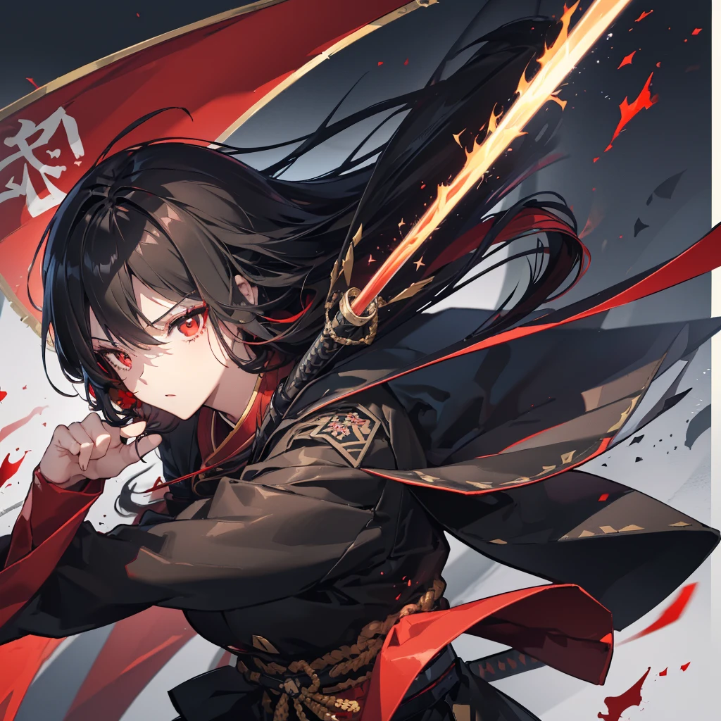 ((blackい髪 Long Hair black Military commander one person Lonely Red Flag Eye patch)) ((night Japanese style old Shining Aura)) (Dance Flame Blade Shining Japan sword Draw your sword) moon star Draw your sword Slashing Catch the wind print Tense face