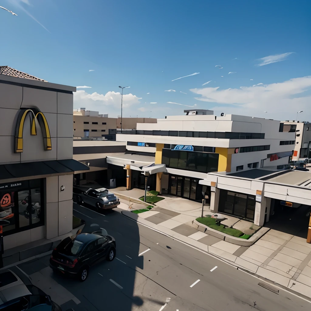 Los autos circulan por una calle frente a un McDonalds., foto comercial, Plano amplio exterior, edificio de vigilancia, Tiro ancho de dron, desde el nivel de la calle, Wide aerial shot