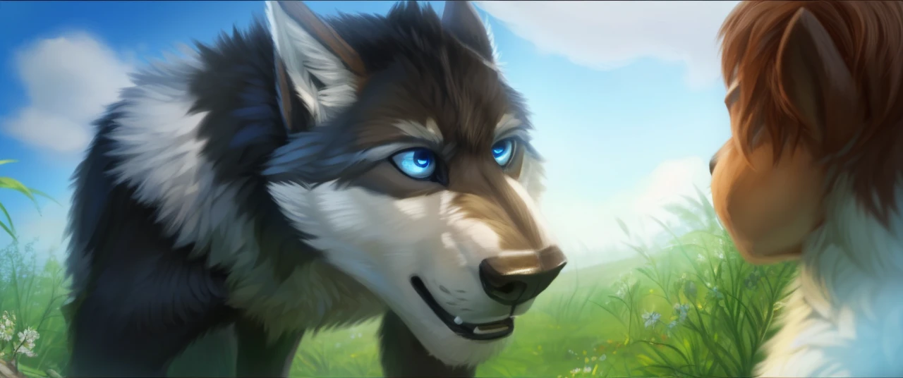 a wolf attack a lamb, highly detailed, 8K, solo, male, full body, stalking pose, nose near the ground, two-tone fur, blue eyes,