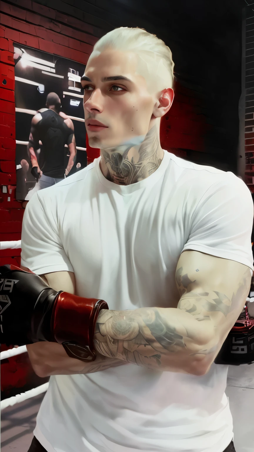 arafed man with tattoos and a white shirt en un ring de boxeo, inspirado en Seb McKinnon, estilo de seb mckinnon, en un ring de boxeo, inspirado en Cam Sykes, Arte digital!!, entintado, inspirado en Vadym Meller, de arte, hombre tatuado, cuerpo de ernest khalimov, Imagen realista, sombreado perfecto, hyperrealistic art style, realistic art style, fabien tietjen