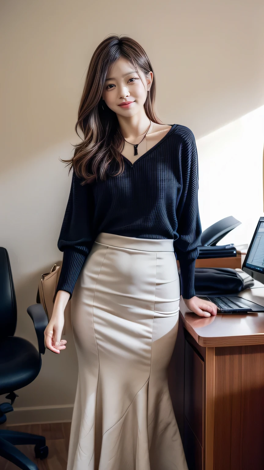 (Woman standing in office:1.3、The background is the office)(Realistic、Like a photograph、Live Action、8k, Photorealistic, RAW Photos, Best image quality: 1.4), Single-lens reflex camera、RAW Photos, highest quality, Realistic, Highly detailed CG Unity 8k wallpaper, Written boundary depth, Cinematic Light, Lens flare, Ray Tracing, Realistic background、(Long sleeve blouse:1.2、(mermaidskirt:1.5，Long skirt)、Small breasts:1.37、((Wear a name tag around your neck)))、((Ultra-dense skin))、 1 female,Cute Japanese Woman、Japanese office lady at work、((whole body:1.5)，View the computer:1.1、smile、Pink inner color hair、Long Hair:1.2、Half Up Hair、I like that style、Stylish、Very detailed、Pay attention to the details、Perfect outfit、(Sunburned skin)、Beautiful legs:1.1，Anatomically correct body、Are standing、View from the front