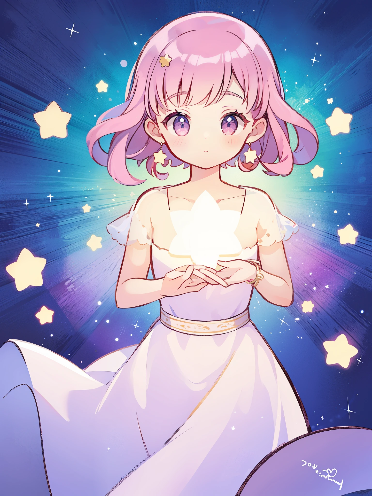 complex background, wishing star background, a woman wearing an ethereal mystical pink translucent dress that reflects the stars, perfume promo art, mystic, complex drawing, highly detailed, Covergirl brand, promo art, artistic rendition, ethereal, starry night, midjourney style