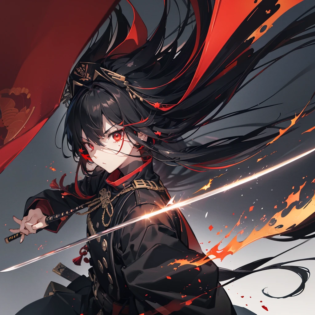 ((blackい髪 Long Hair black Military commander one person Lonely Red Flag Eye patch)) ((night Japanese style old Shining Aura)) (Dance Flame Blade Shining Japan sword Draw your sword Grasp the sword) moon star Draw your sword Slashing Catch the wind print Tense face