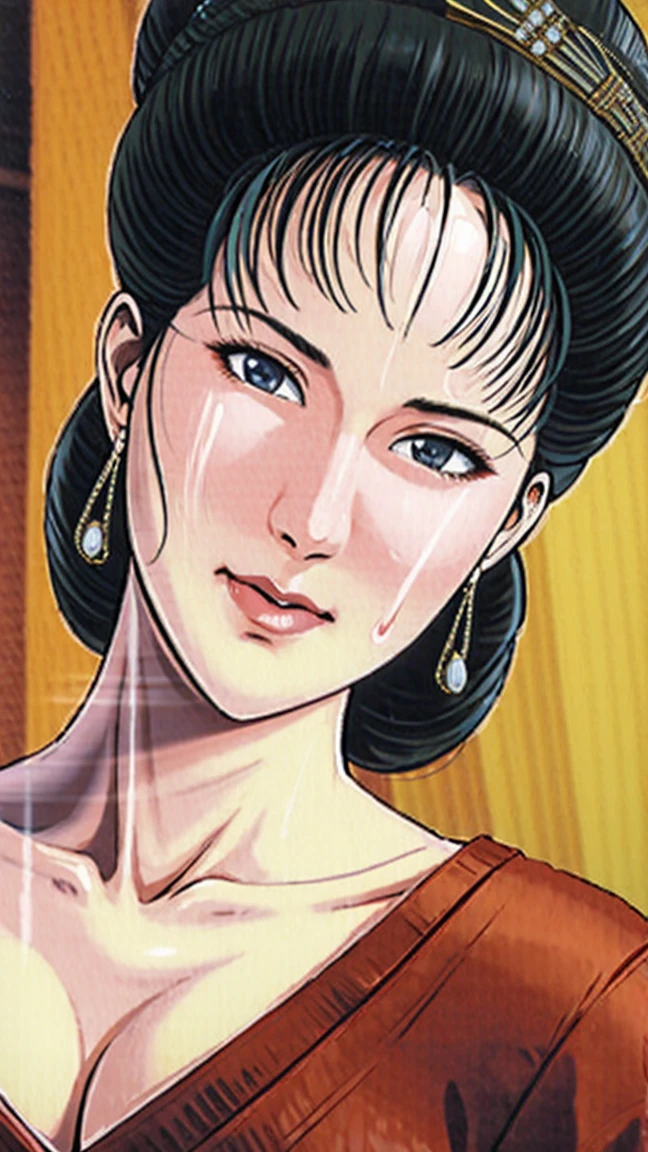 (best quality), (very aesthetic), (ultra-detailed), (best illustration),a mature female,NSFW,perfect face,Suikoden,Mrs. Lin,full_body,((full_nude)),red cheek,sweating,skinny,chinese traditional bed room,lying on the bed,resting the back of the head on the pillow