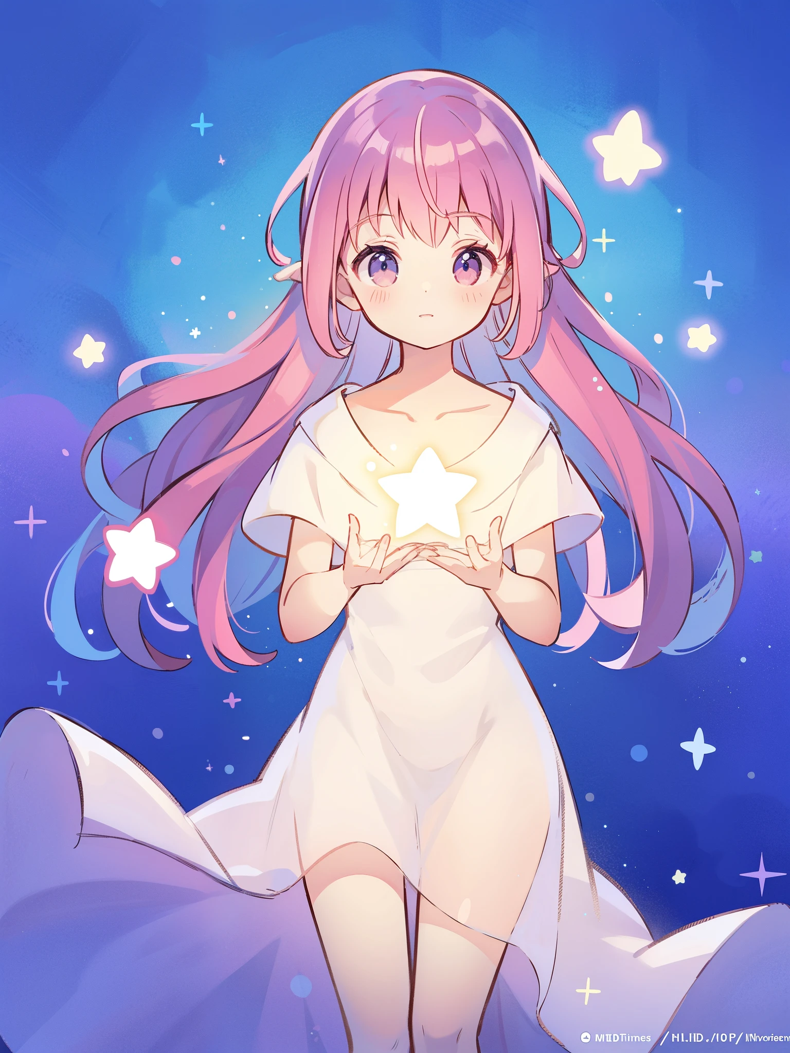 complex background, wishing star background, a woman wearing an ethereal mystical pink translucent dress that reflects the stars, perfume promo art, mystic, complex drawing, highly detailed, Covergirl brand, promo art, artistic rendition, ethereal, starry night, midjourney style
