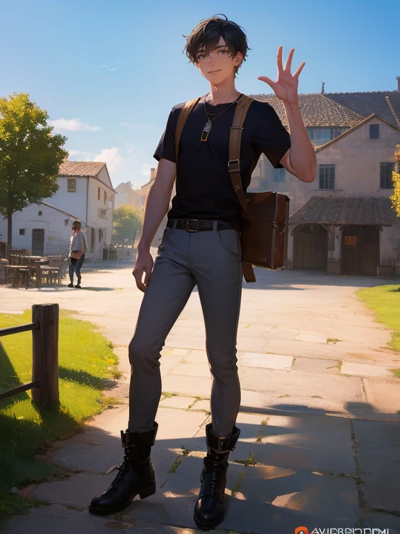masterpiece, best quality, rpg character art, epic fantasy art style, 1 man, Aldric, 18 year old man, youthful appearance, skinny, normal build, smiling and waving to villagers, full body fantasy concept art, short dark black hair, black eyes, high detail, (plain tan shirt, grey pants, black boots, small bag strapped across his chest), intricate details, ultra high resolution, sharp focus, HD, 8k, clear facial features, clear details, background is a vibrant village, zoomed out view