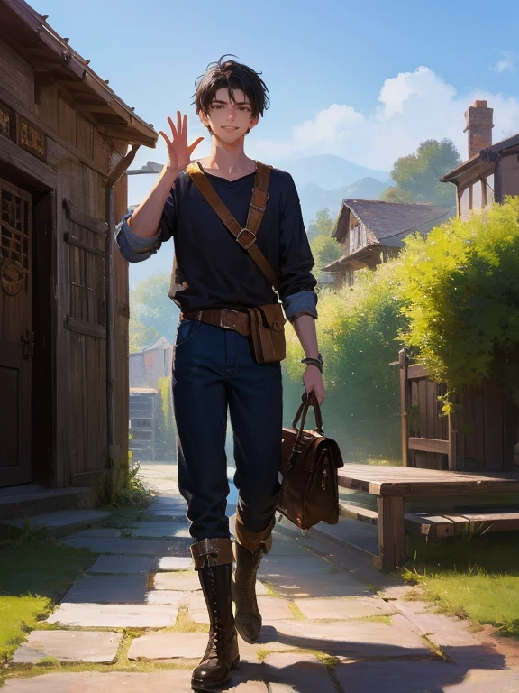 masterpiece, best quality, rpg character art, epic fantasy art style, 1 man, Aldric, 18 year old man, youthful appearance, skinny, normal build, smiling and waving to villagers, full body fantasy concept art, short dark black hair, black eyes, high detail, (plain tan shirt, grey pants, black boots, small bag strapped across his chest), intricate details, ultra high resolution, sharp focus, HD, 8k, clear facial features, clear details, background is a vibrant village, zoomed out view