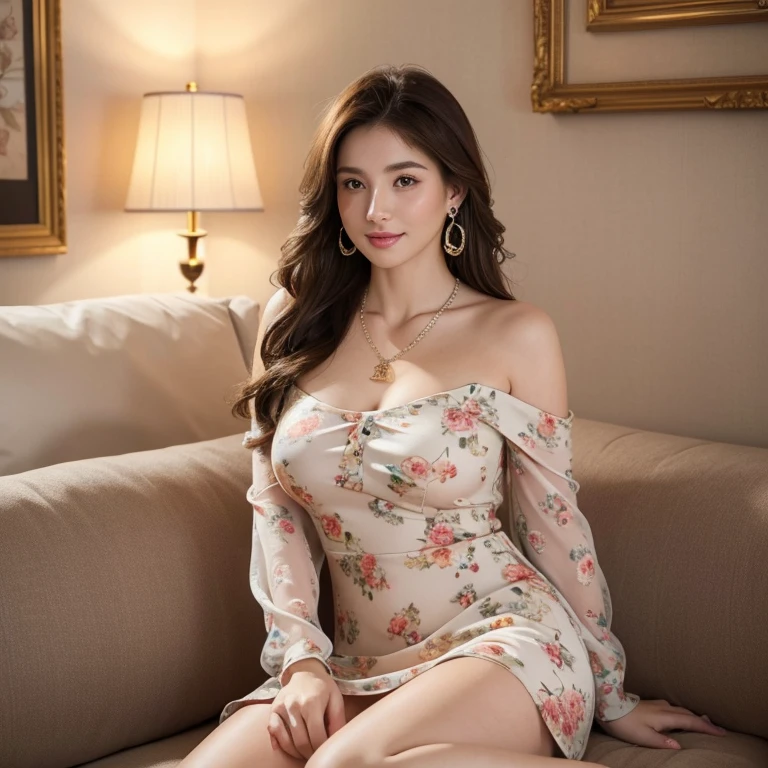 Ultra-high resolution, Better Quality, photo shoot, 4K, (Realistic:1.4) Freckle portrait photography , Big breasts super long brown hair, brown eyes,Wearing Big floral mini dress,shy smile,((Gorgeous necklace_Large earrings:1.2)),Place your left hand gently on your chin、Sits on a living room sofa by in a seductive pose in a stylish at night, luxury living room background, sofa, lamp, flower, paint on wall