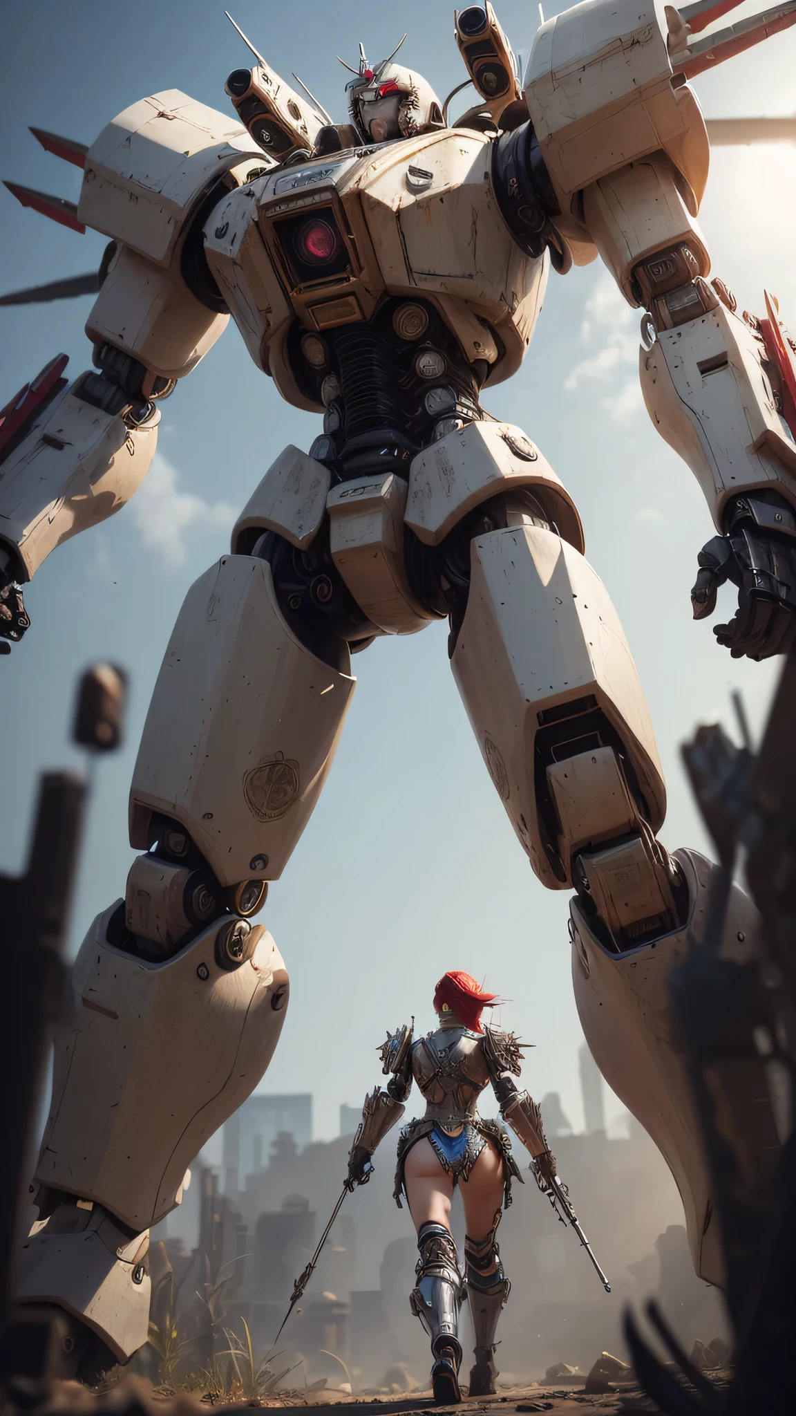 ((best quality: 1.5, masterpiece)), intricate details, soft focus, professional, real life, realistic representation of the face, dim volumetric lighting, dynamic pose, in the style of realistic and hyper detailed renderings BREAK (((2 characters, one cyberpunk steampunk girl, clockwork armor, perfectchainmail (ivory chrome armor:1.4, background red white mecha, mechanical robot, weapons, Warhammer Dreadnaught, from below, (steampunk))))), film grain, bokeh, black background, dark empty room, photorealistic, hyper-realistic, 8K