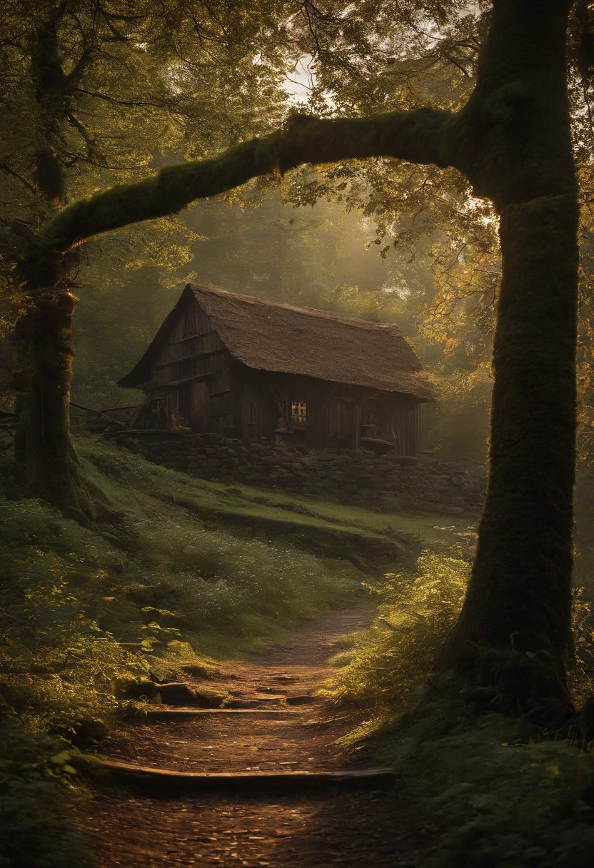 Tabletop RPG Maps, A village surrounded by a deep and mysterious forest, high quality, Incredible detail and captivating atmosphere. Add dramatic lighting elements and shadowakes the scene more immersive. The road leads to the village