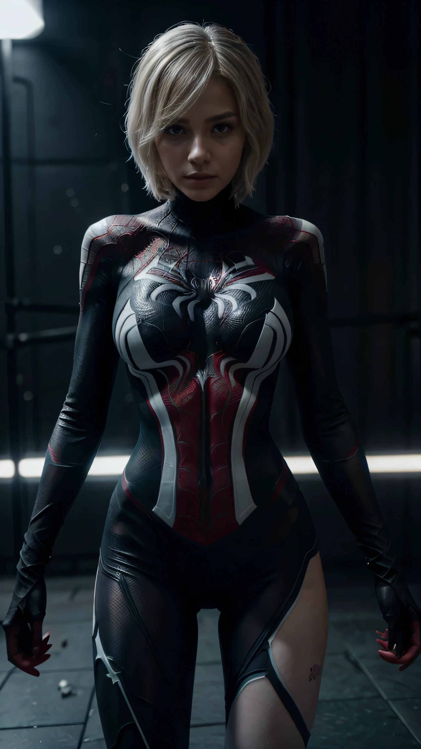 Spider Gwen wearing a black suit with a spider in the center of her chest in white., organic looking suit, frente pegajosa, simbionte, ojos blancos, arte fino, ps5 cinematic screenshot,very detailed cinematic rendering, raytricing ultra fotorrealista, with cinematic lighting