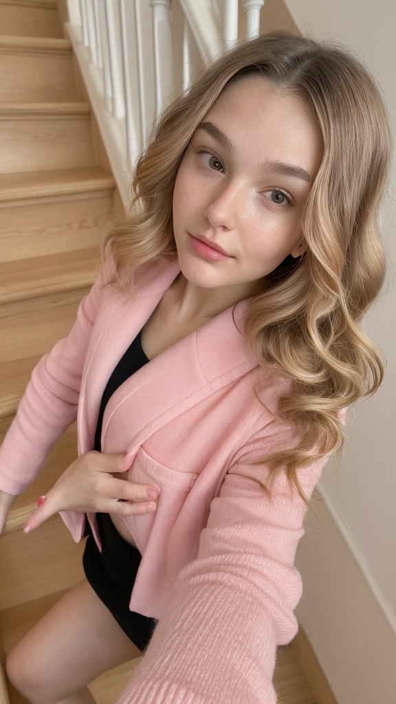 (high angle, closeup on face:1.2), selfiy, photo of JadeLloyd, she is wearing pink red blazer , she is wearing wrist scrunchie, her hair is styled as brown Curly Glamour Waves, BREAK she is (in the staircase:1.1), soft fill lighting, shot on Bolex H16, neutral density filter,8mm fisheye lens ,Porta 160 , chromatic abrasion, blushing, shy, realistic skin texture, 