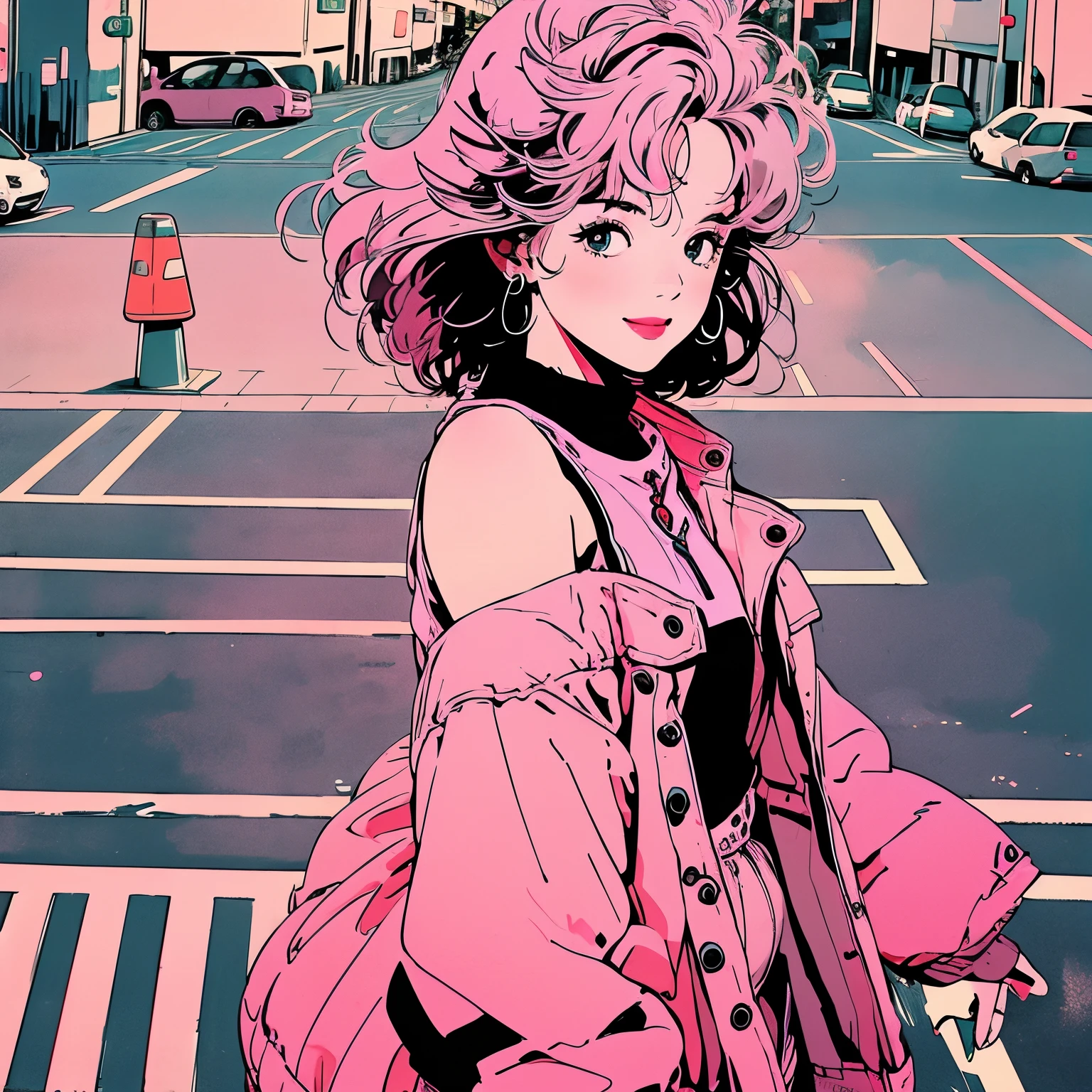 whole body, Upper Body、One beautiful woman, 4k, Clothes with protruding shoulders、pedestrian crossing、Signal 、intersection、Complex background、Pink Hair、One Length、Detailed Hair、Camera view from above、smile