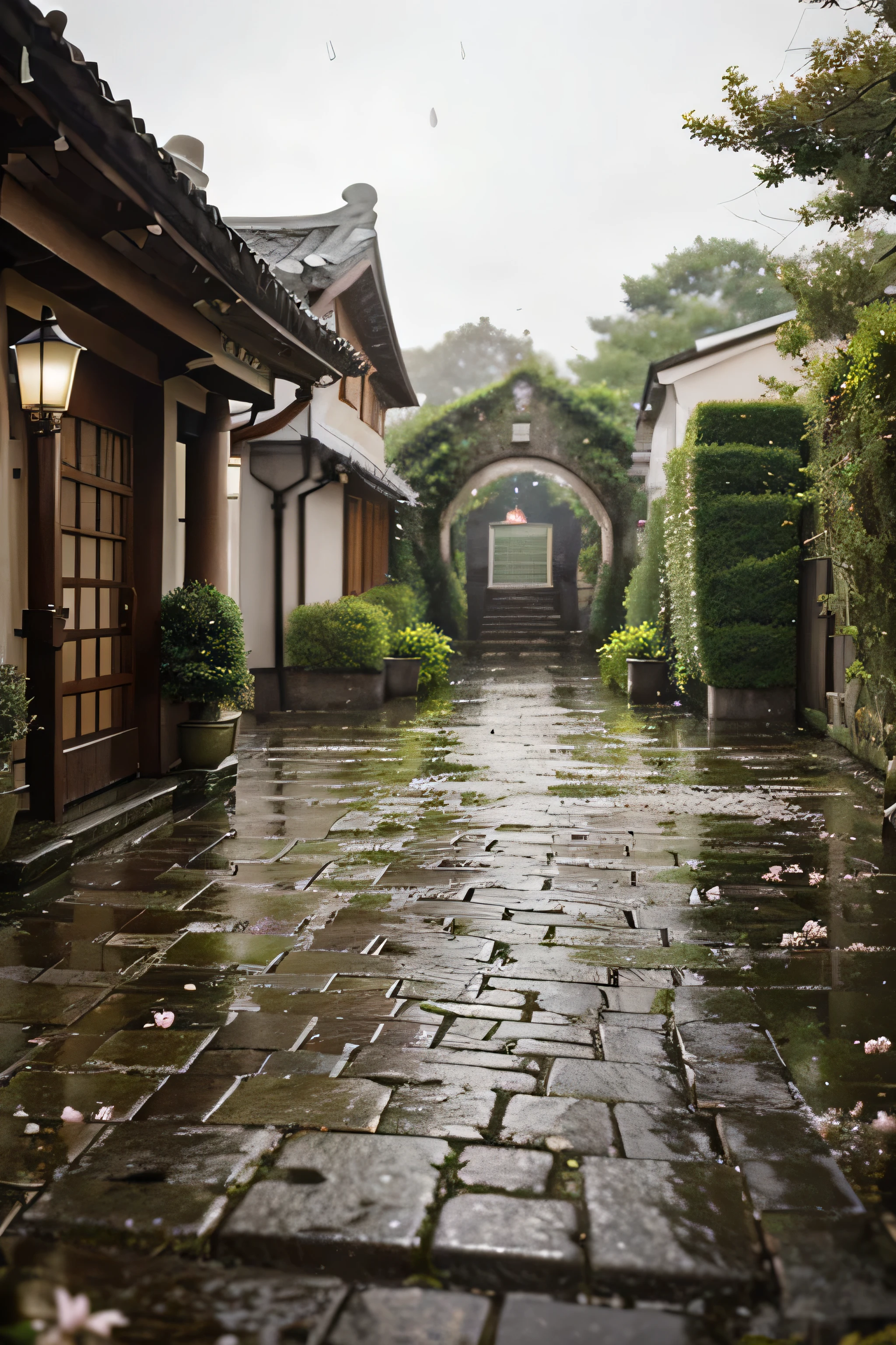 Create an image of a rain-soaked cobblestone street lined with vibrant Osmanthus fragrans in full bloom under an overcast sky. The trees should arch over the path, shedding petals onto the wet stones, which reflect the soft, diffuse light. The setting should evoke a tranquil, slightly melancholic mood, enhanced by the gentle rainfall and the soft focus that blurs the distant part of the path.The entire scene highlights a strong Chinese style