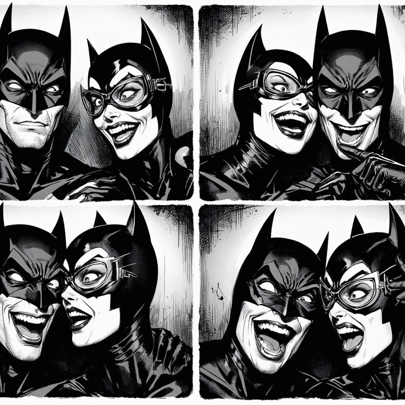 joelle jones blended with sean gordon murphy style reference, hand drawn expressive bold ink line illustration, couple portrait, photo booth photo strip, four photo panels, duo couple Batman and Catwoman making intentionally silly faces trying to make each other laugh, containing laughter, silly, hilarious, strange, hyper maximal, intense, absurd